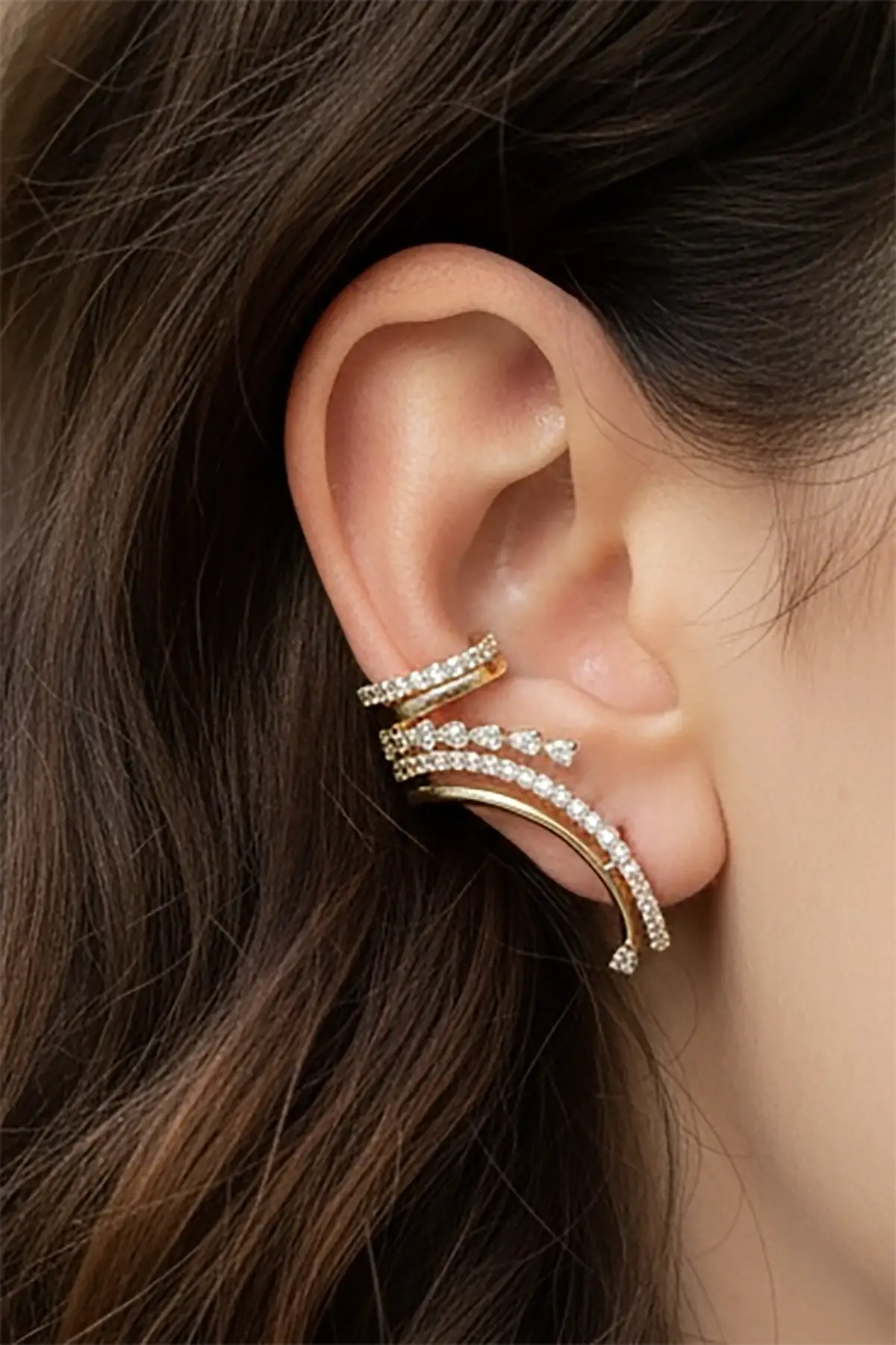 Altın Renk Taş Detaylı 14K Altın Kaplama TX Ear Cuff (Tek)