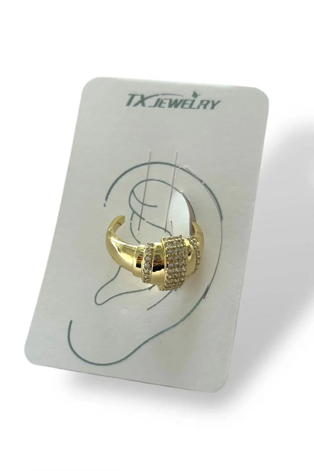 Altın Renk Taş Detaylı 14K Altın Kaplama TX Ear Cuff (Tek)