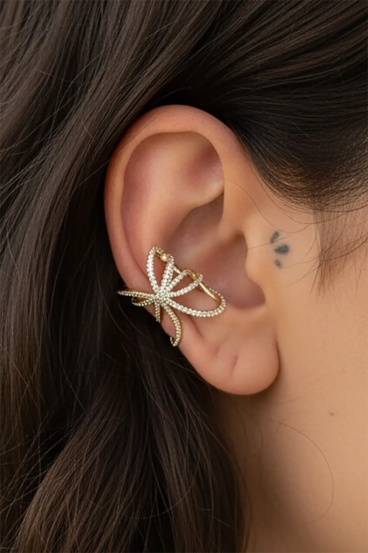 Altın Renk Taş Detaylı 14K Altın Kaplama TX Ear Cuff (Tek)