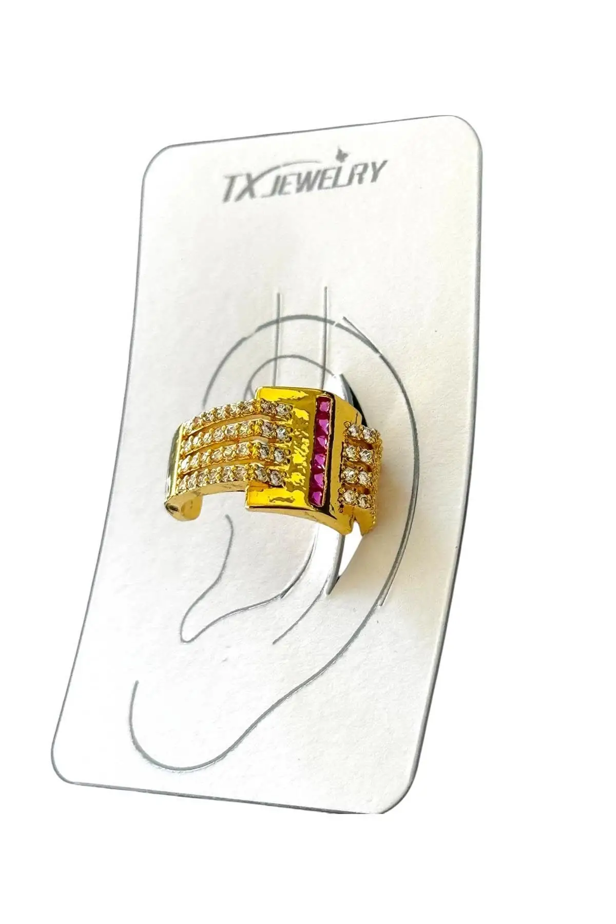 Altın Renk Taş Detaylı 14K Altın Kaplama TX Ear Cuff (Tek)