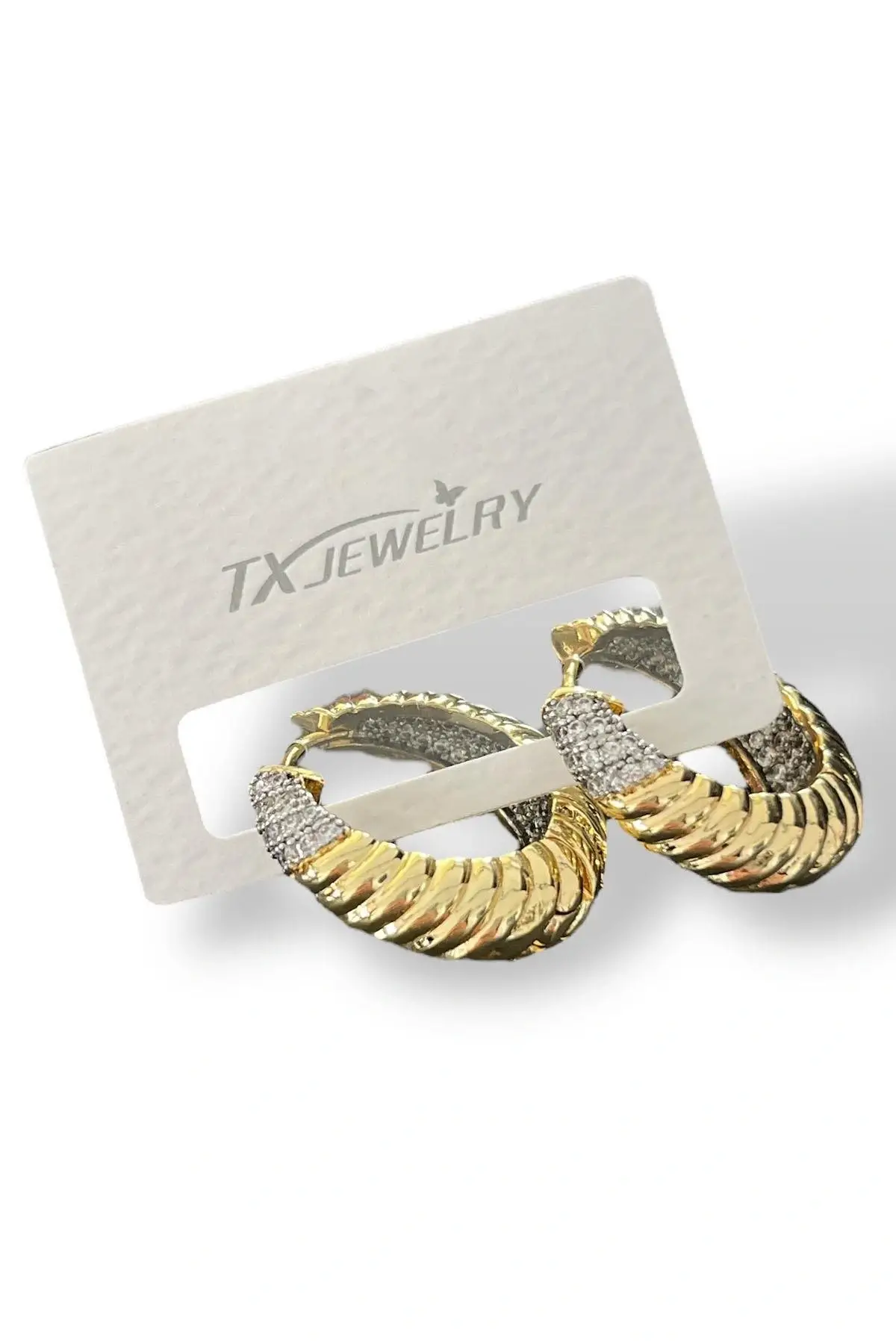 Altın Renk Taş Detaylı 14K Altın Kaplama TX Halka Küpe (Çift)