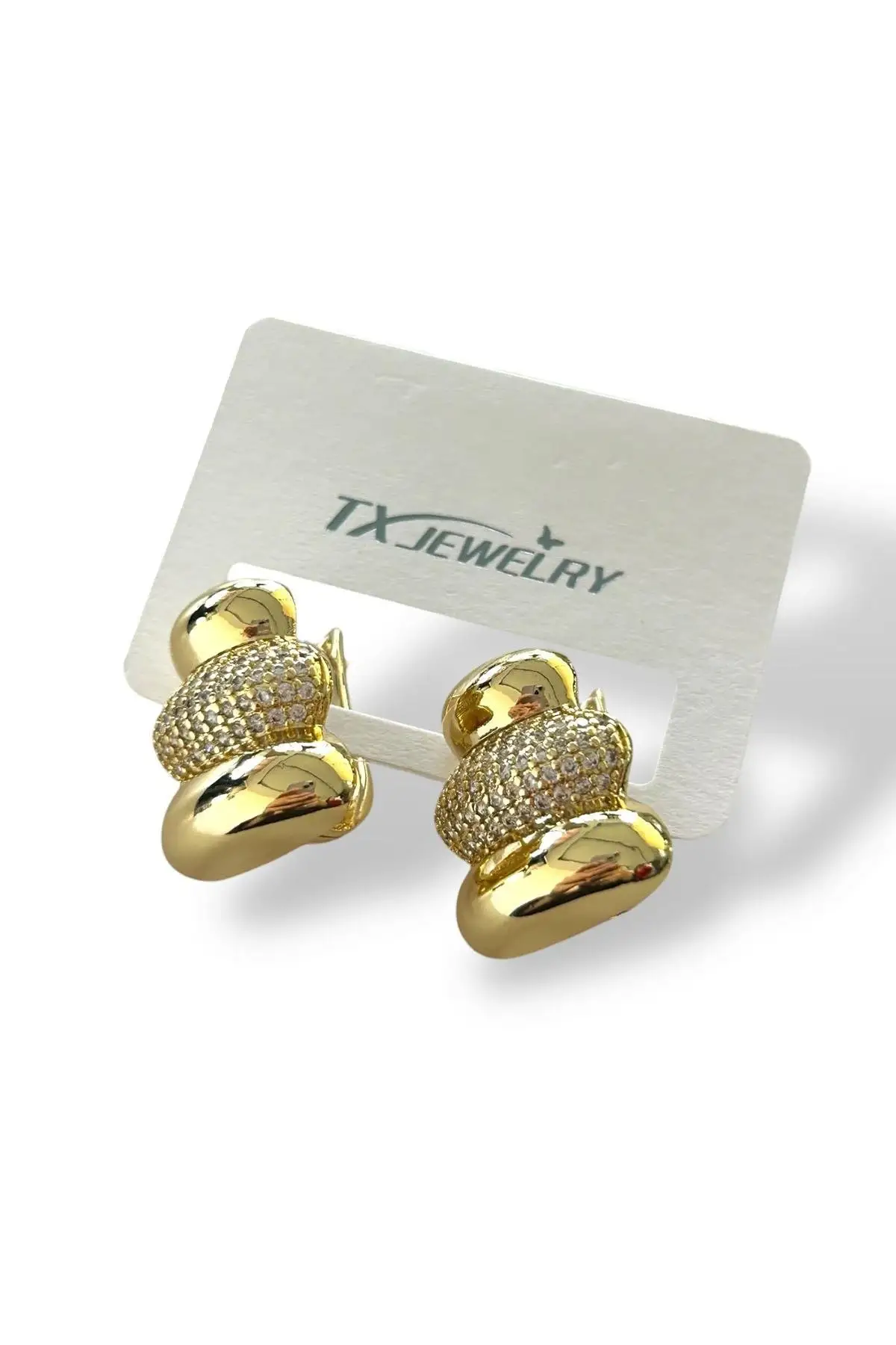 Altın Renk Taş Detaylı 14K Altın Kaplama TX Küpe (Çift)