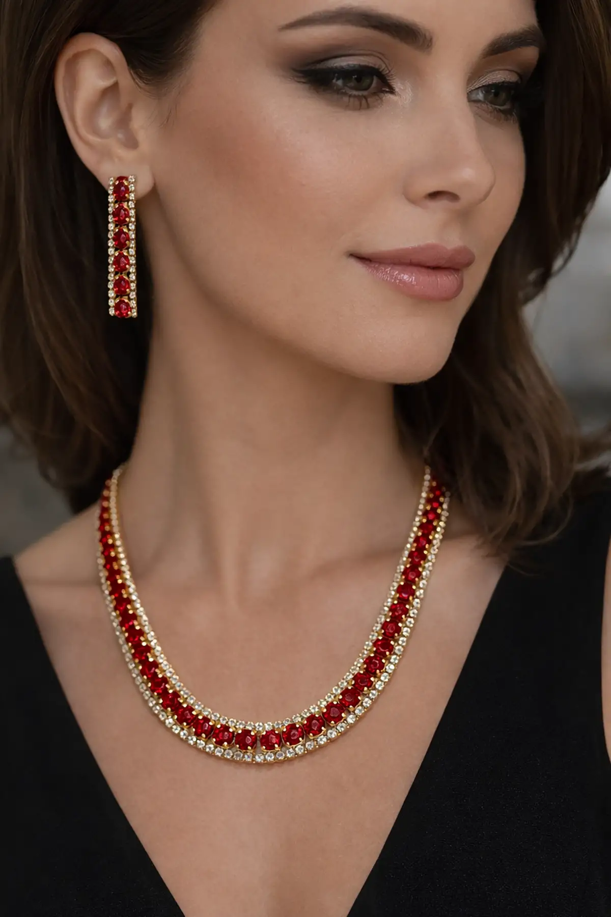 Altın Renk Taş Detaylı Abiye Set