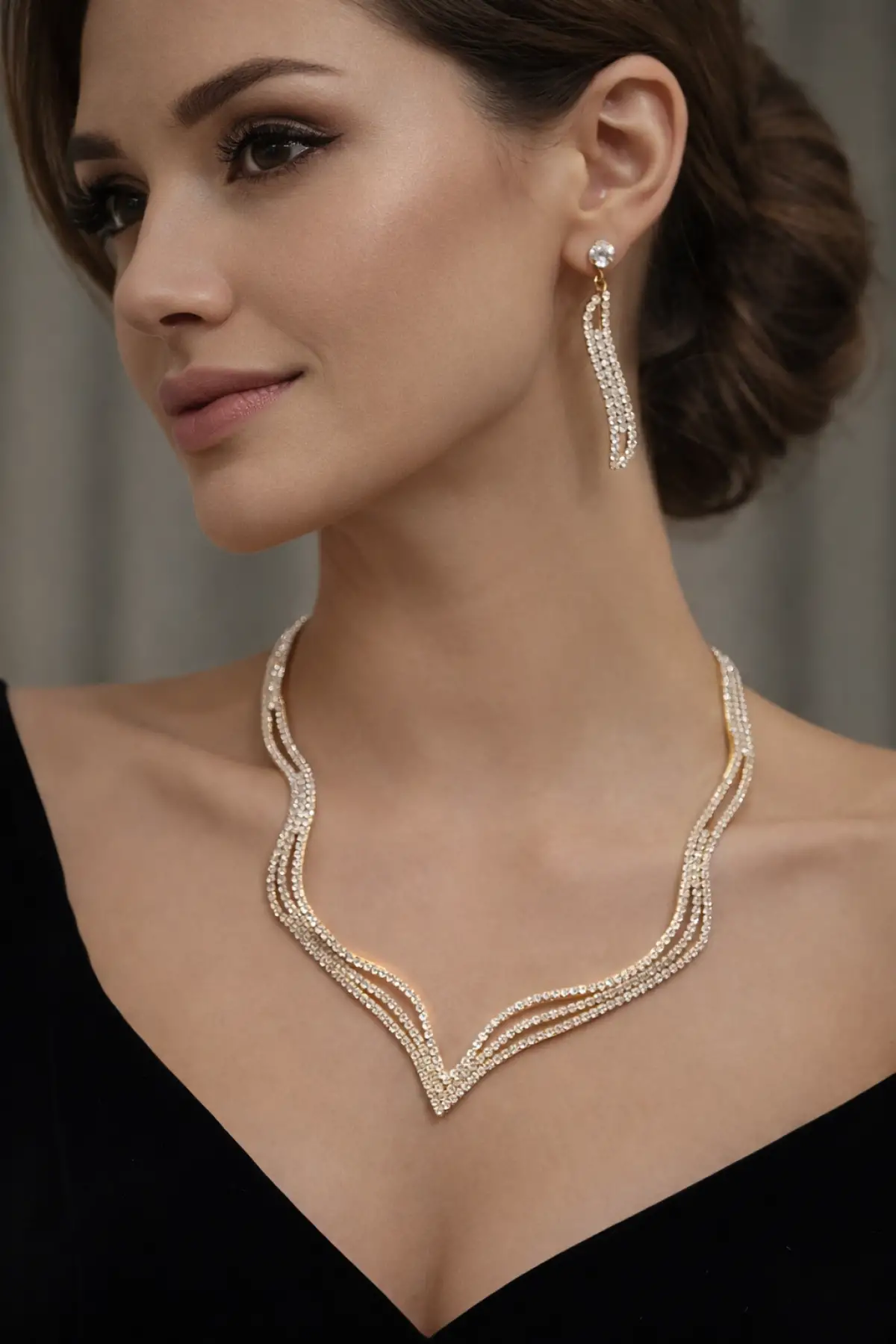 Altın Renk Taş Detaylı Abiye Set