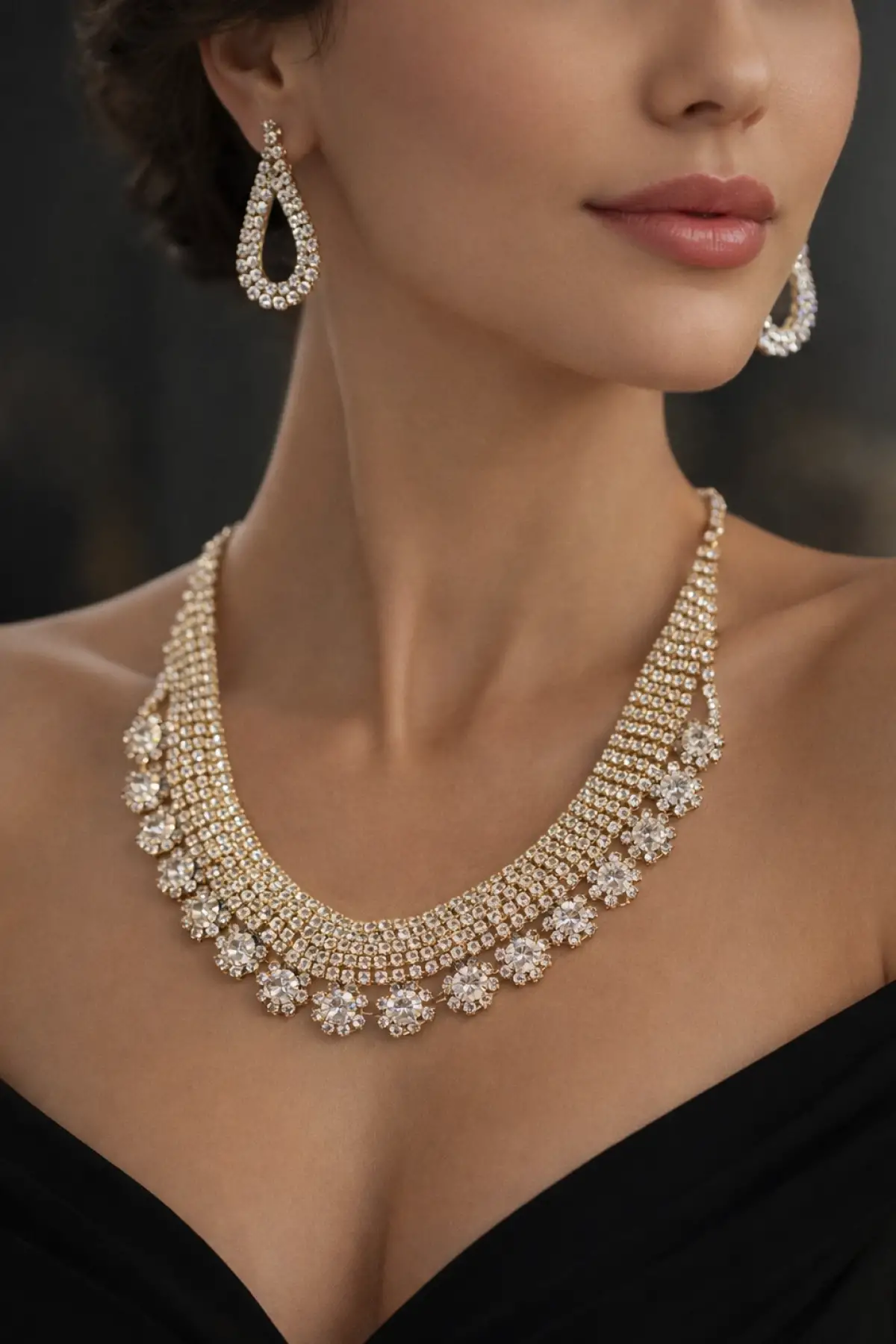 Altın Renk Taş Detaylı Abiye Set