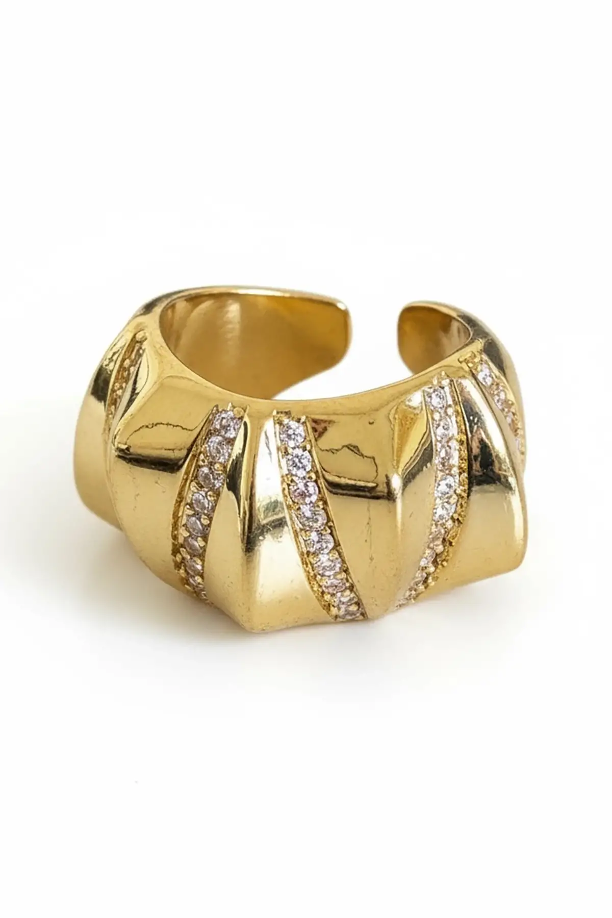 Altın Renk Taş Detaylı Ayarlanabilir Çelik Yüzük