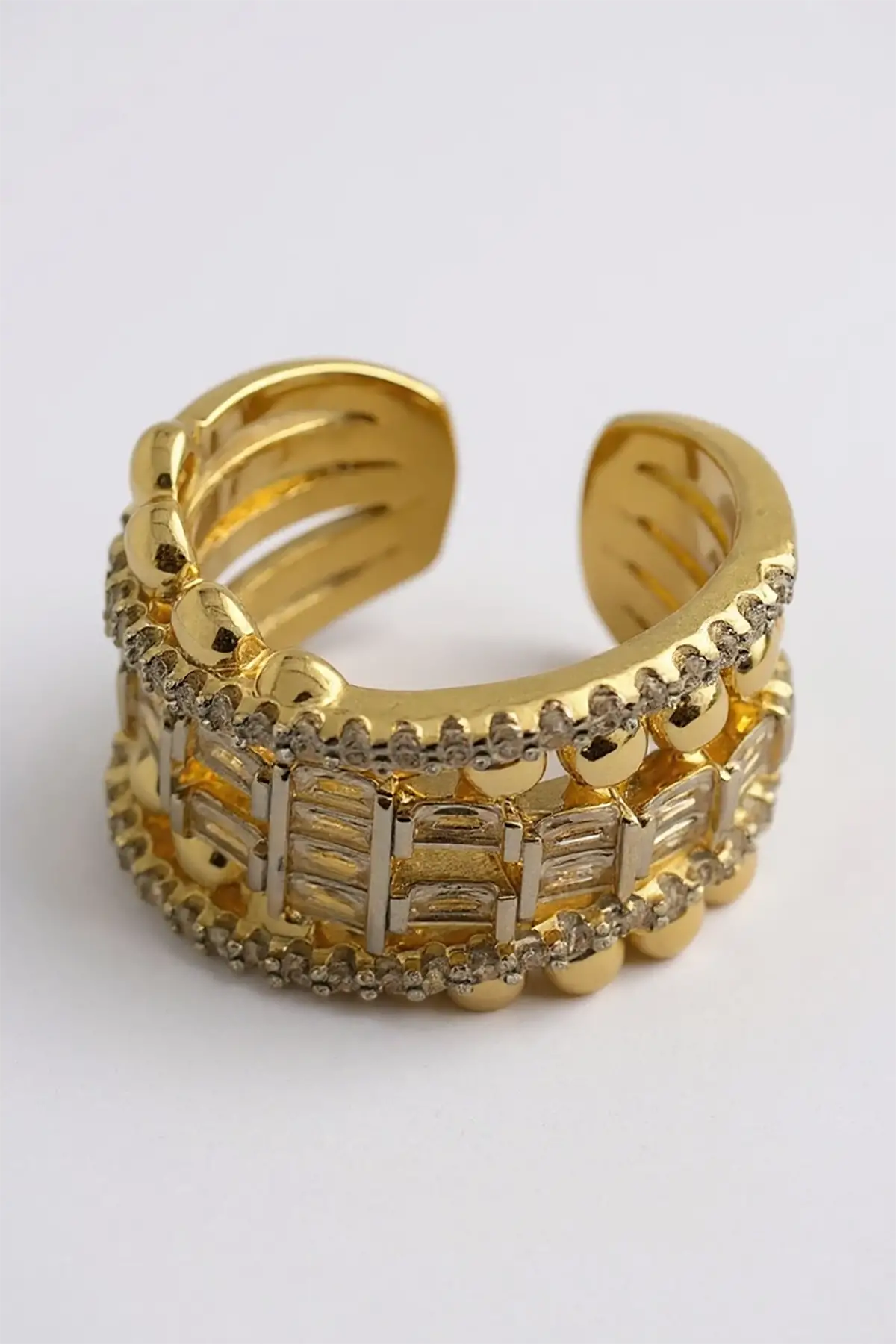 Altın Renk Taş Detaylı Ayarlanabilir Çelik Yüzük