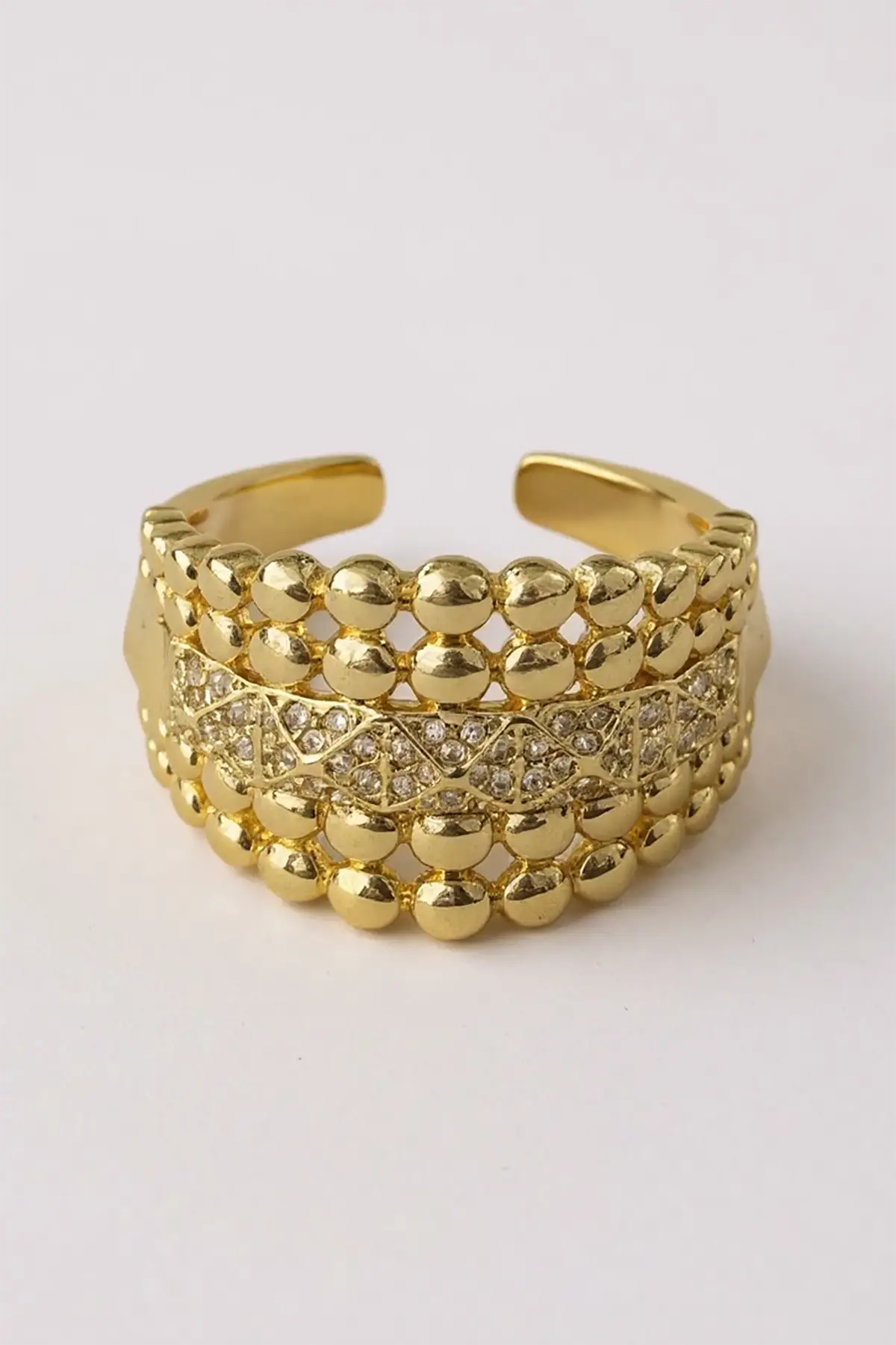 Altın Renk Taş Detaylı Ayarlanabilir Çelik Yüzük