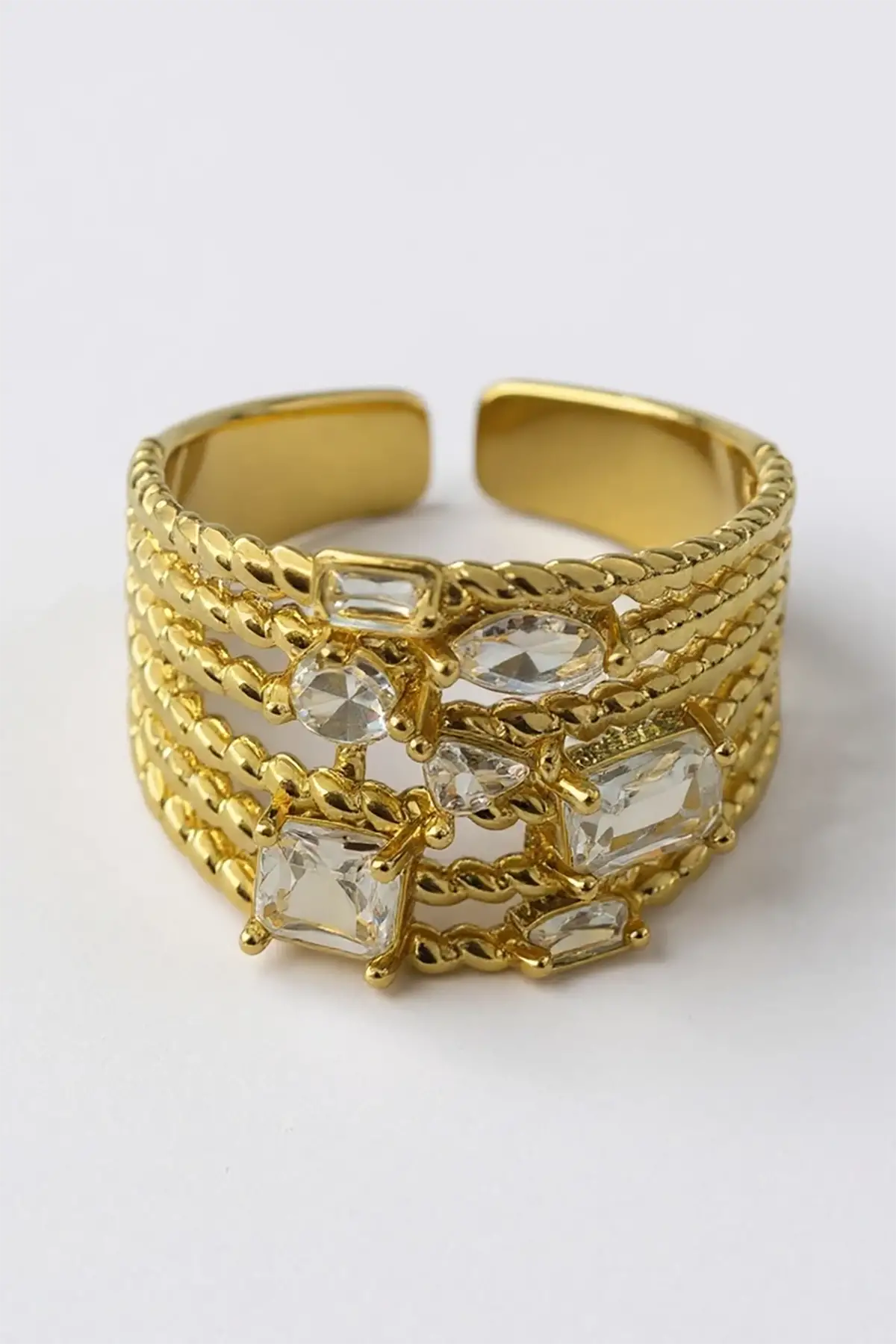 Altın Renk Taş Detaylı Ayarlanabilir Çelik Yüzük