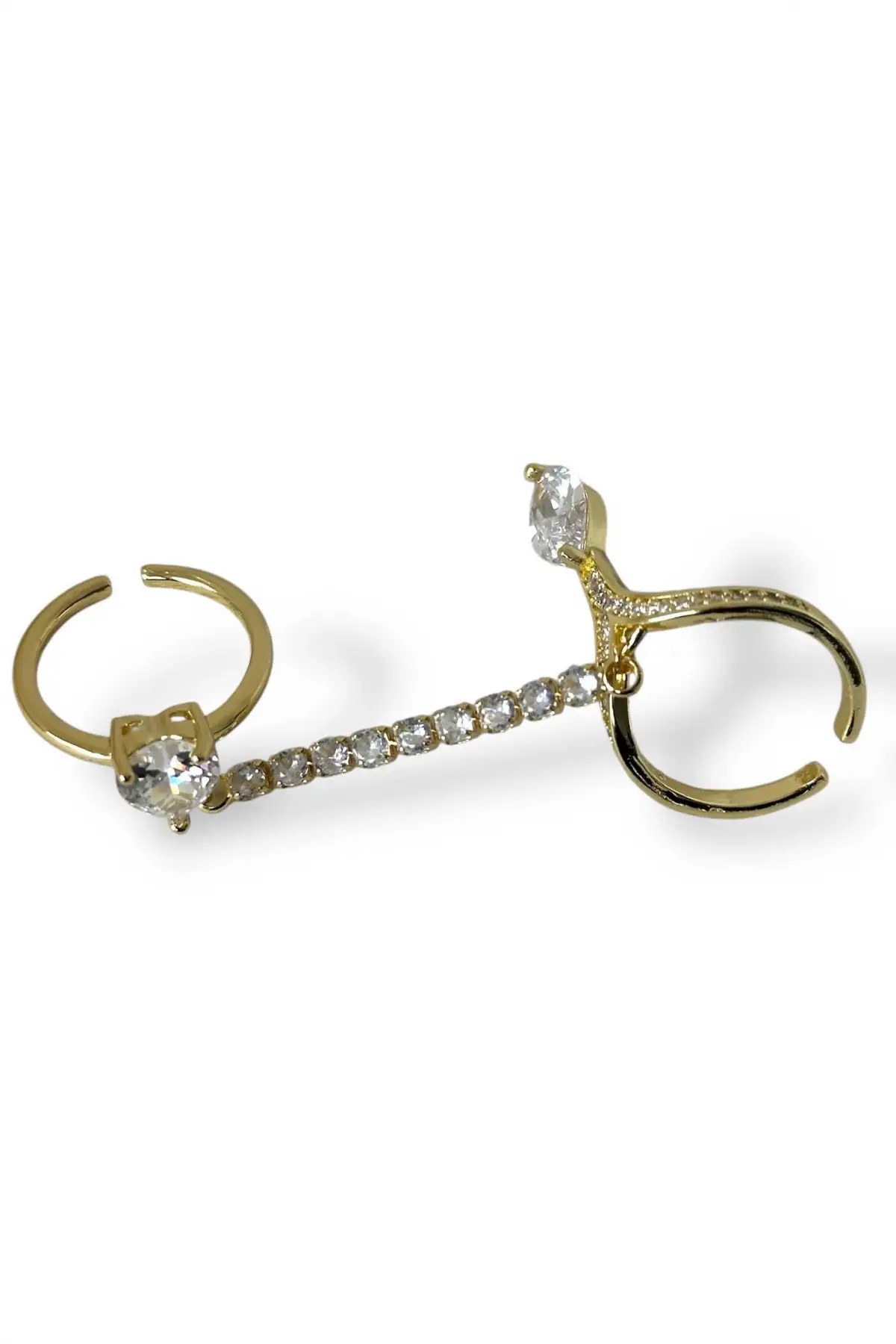 Altın Renk Taş Detaylı Ayarlanabilir İkili Çelik Yüzük