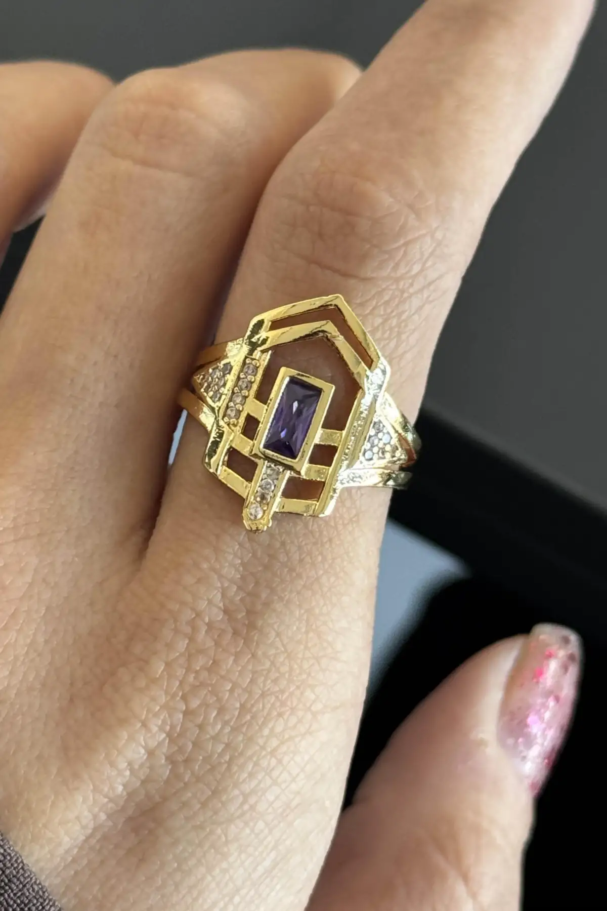 Altın Renk Taş Detaylı Ayarlanabilir Yüzük