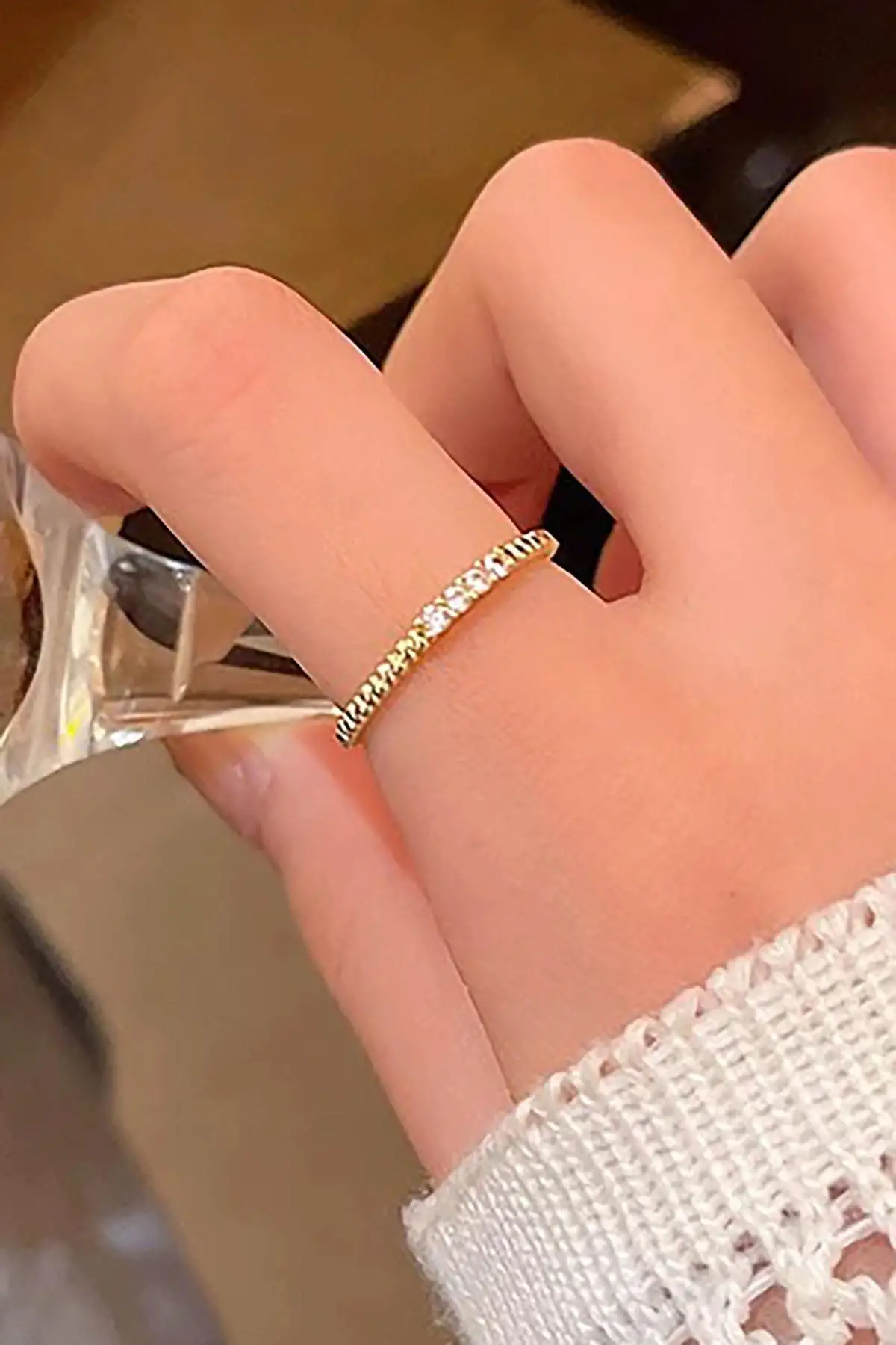 Altın Renk Taş Detaylı Ayarlanabilir Yüzük