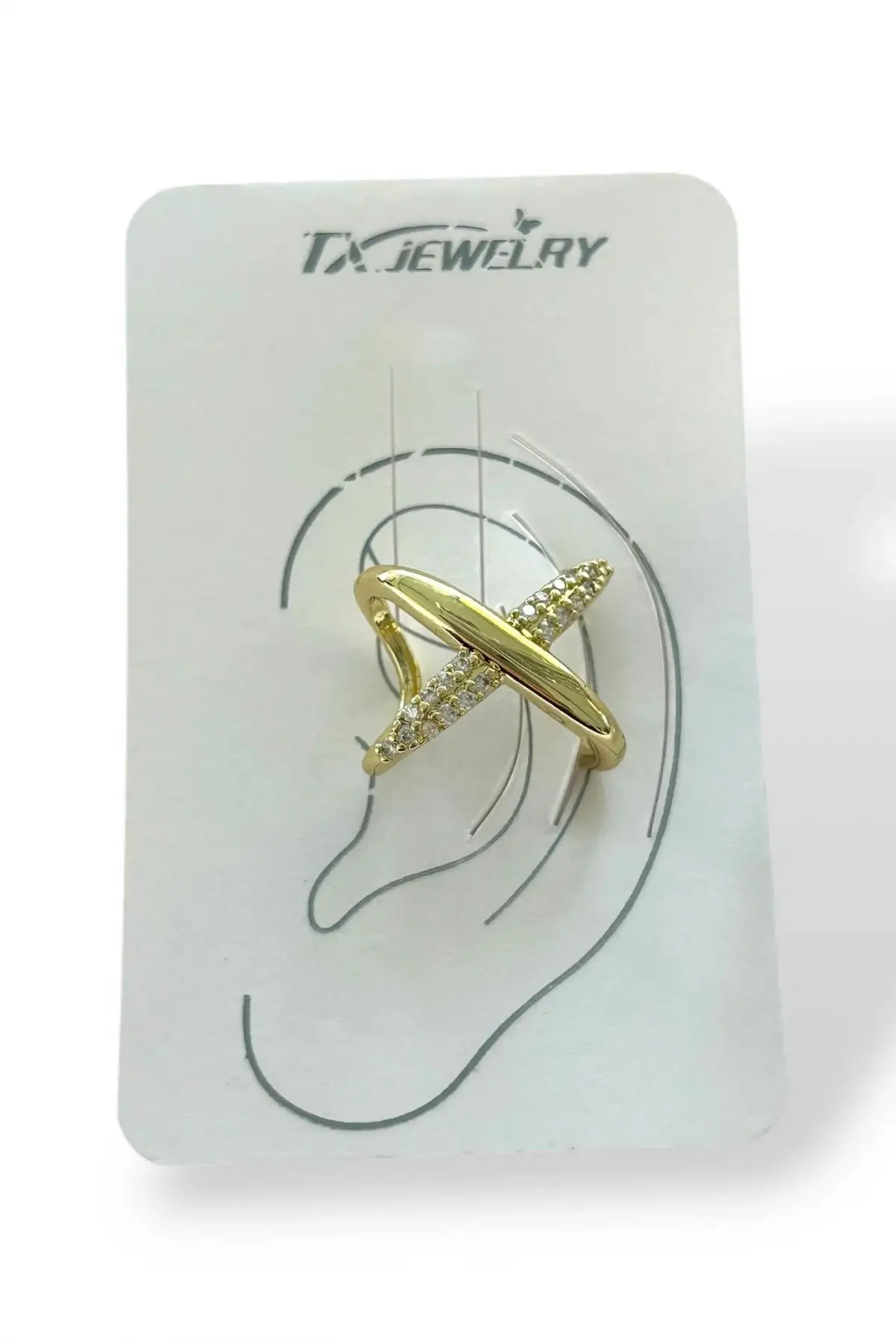 Altın Renk Taş Detaylı Çarpı Figürlü 14K Altın Kaplama TX Ear Cuff (Tek)