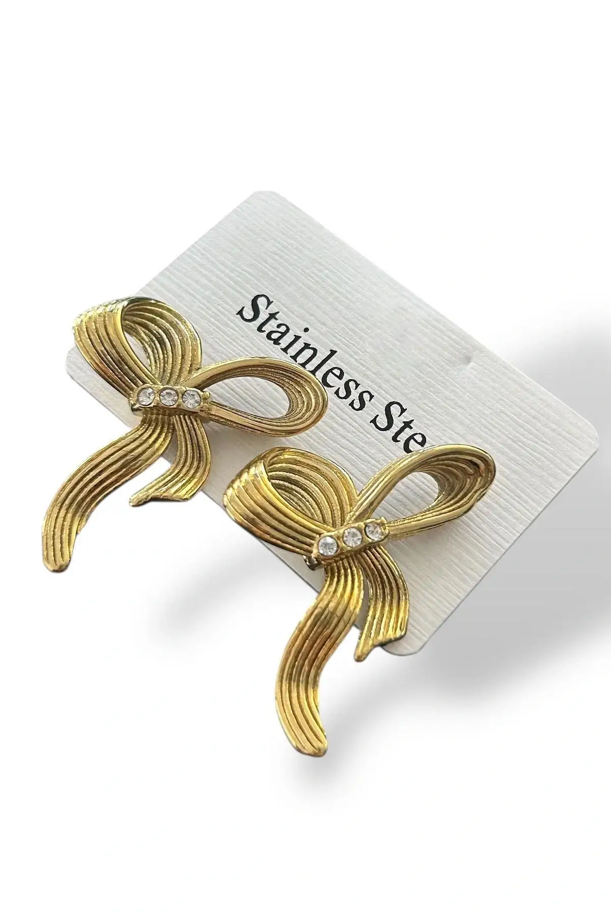 Altın Renk Taş Detaylı Çelik Küpe (Çift)