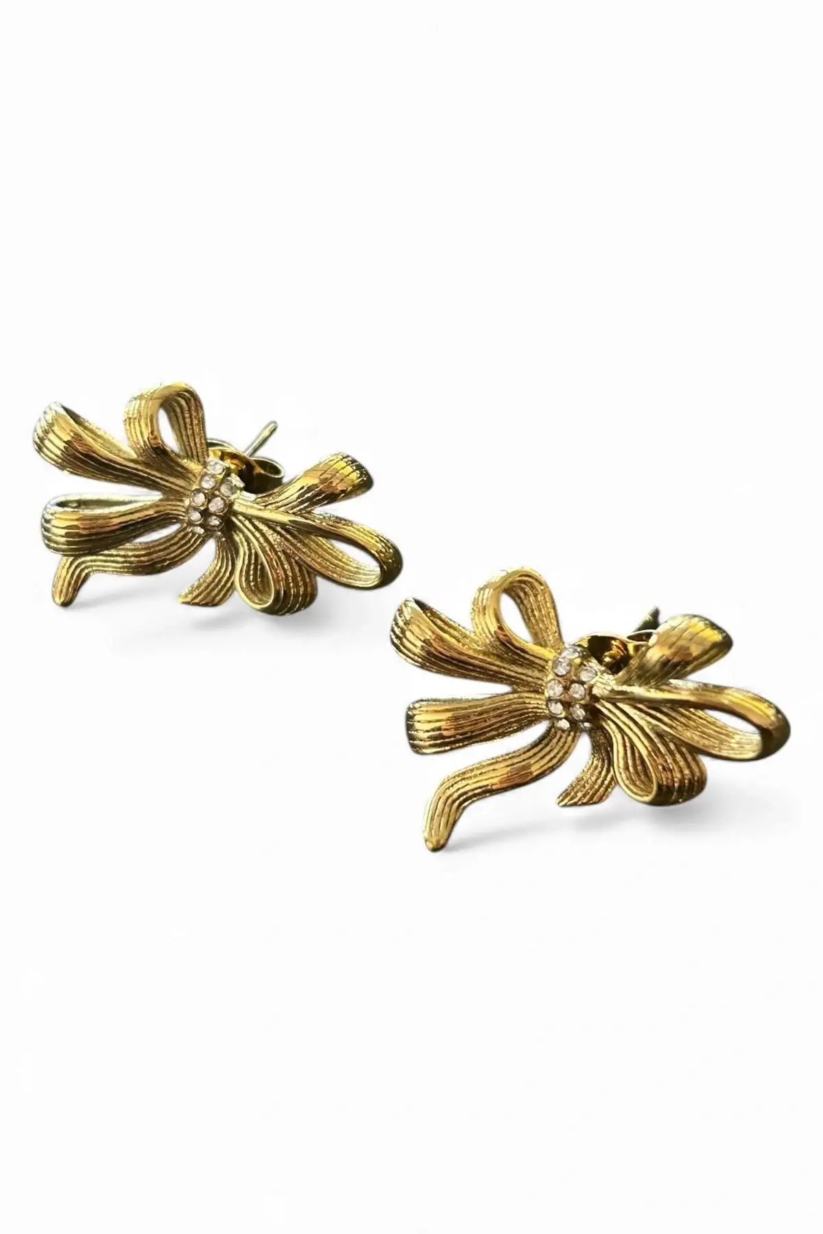 Altın Renk Taş Detaylı Çelik Küpe (Çift)