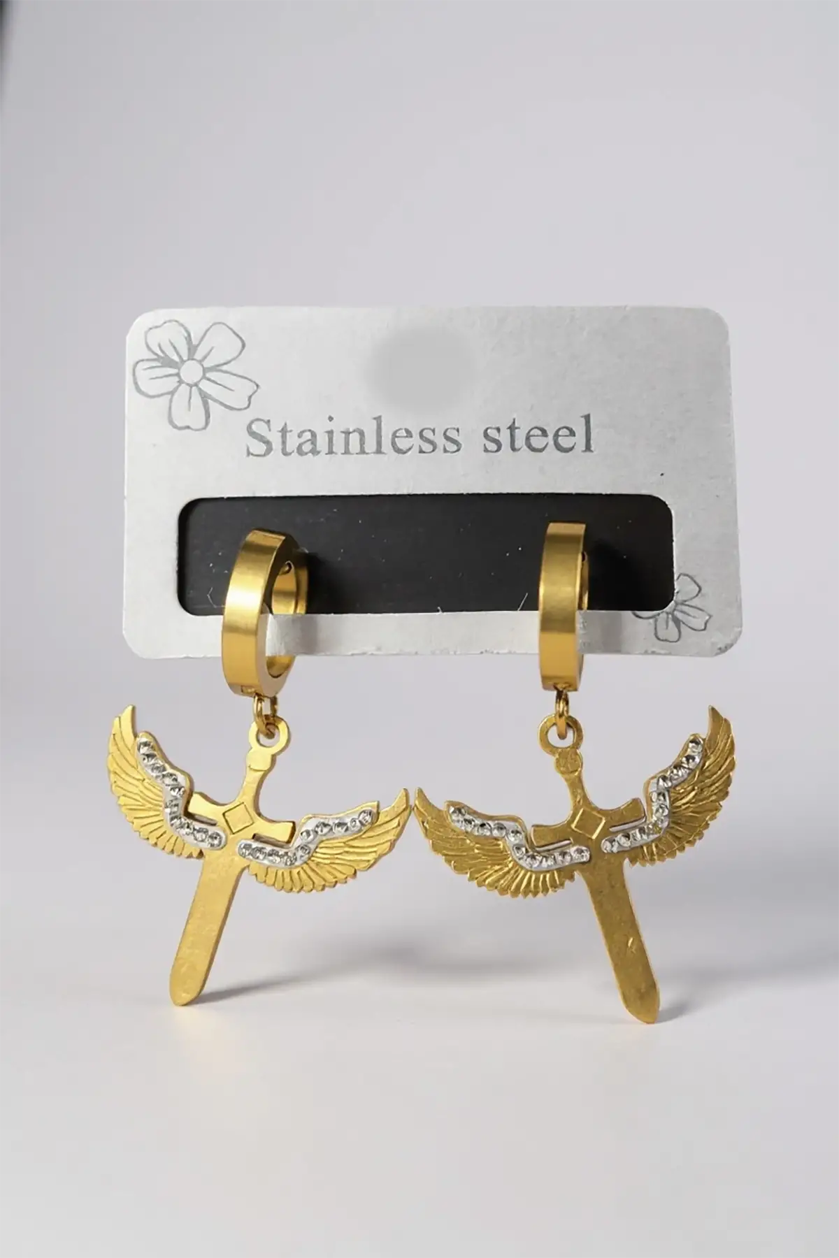 Altın Renk Taş Detaylı Çelik Küpe (Çift)