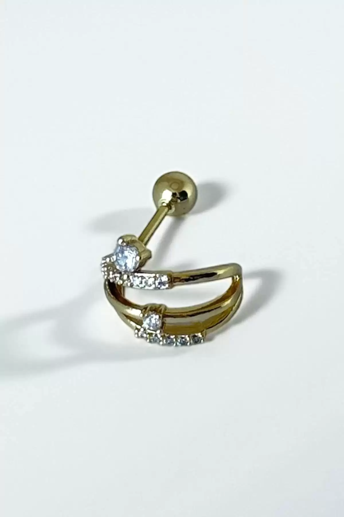 Altın Renk Taş Detaylı Çelik Tragus/Kıkırdak Küpe/Piercing (Tek)
