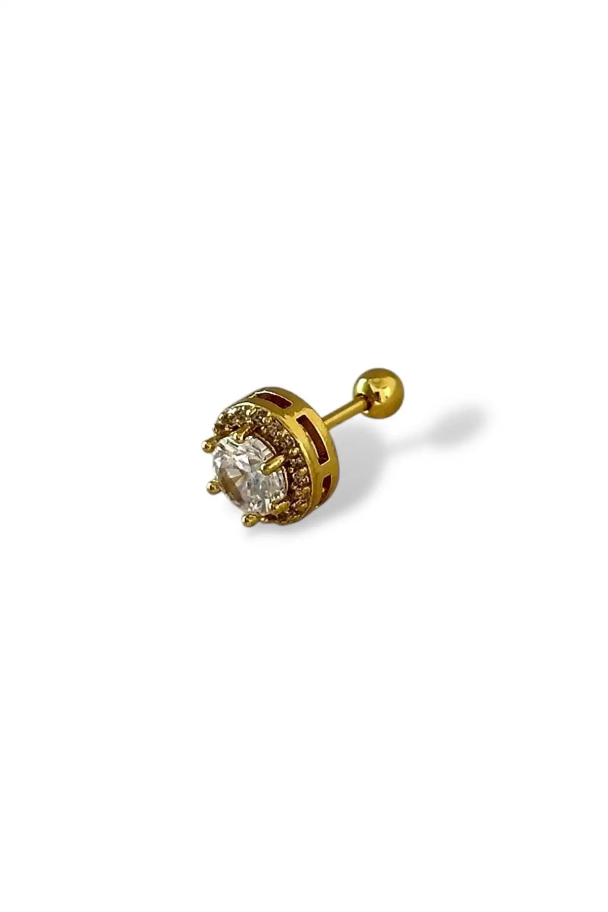 Altın Renk Taş Detaylı Çelik Tragus/Kıkırdak Küpe/Piercing (Tek)