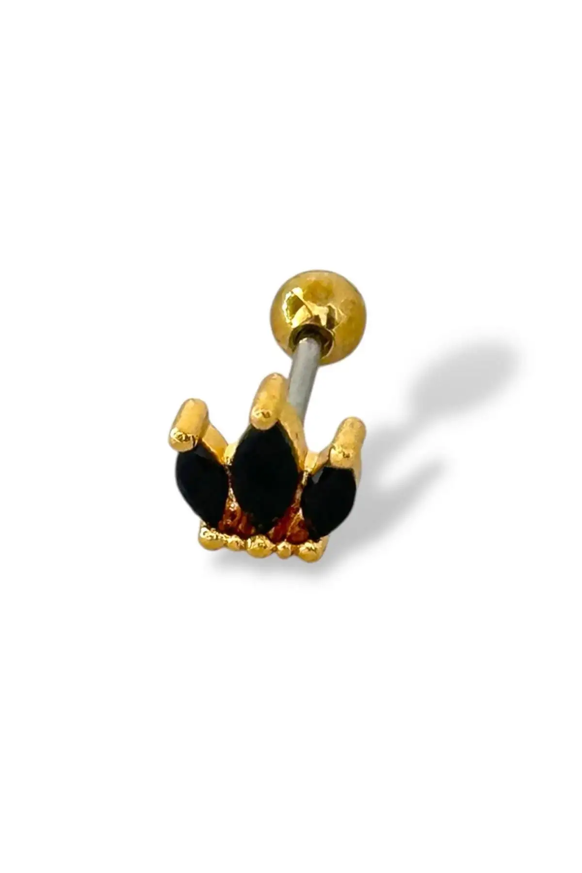 Altın Renk Taş Detaylı Çelik Tragus/Kıkırdak Küpe/Piercing (Tek)