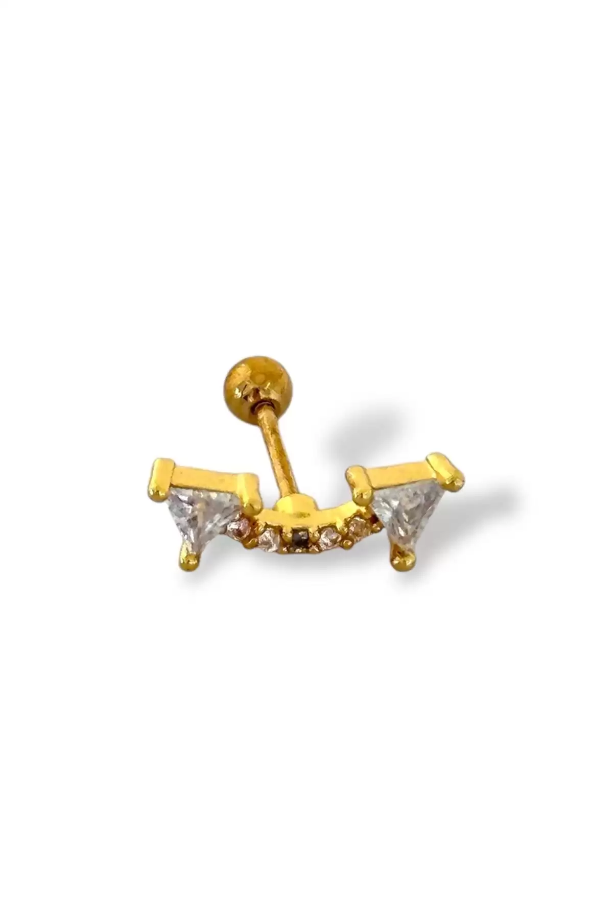 Altın Renk Taş Detaylı Çelik Tragus/Kıkırdak Küpe/Piercing (Tek)