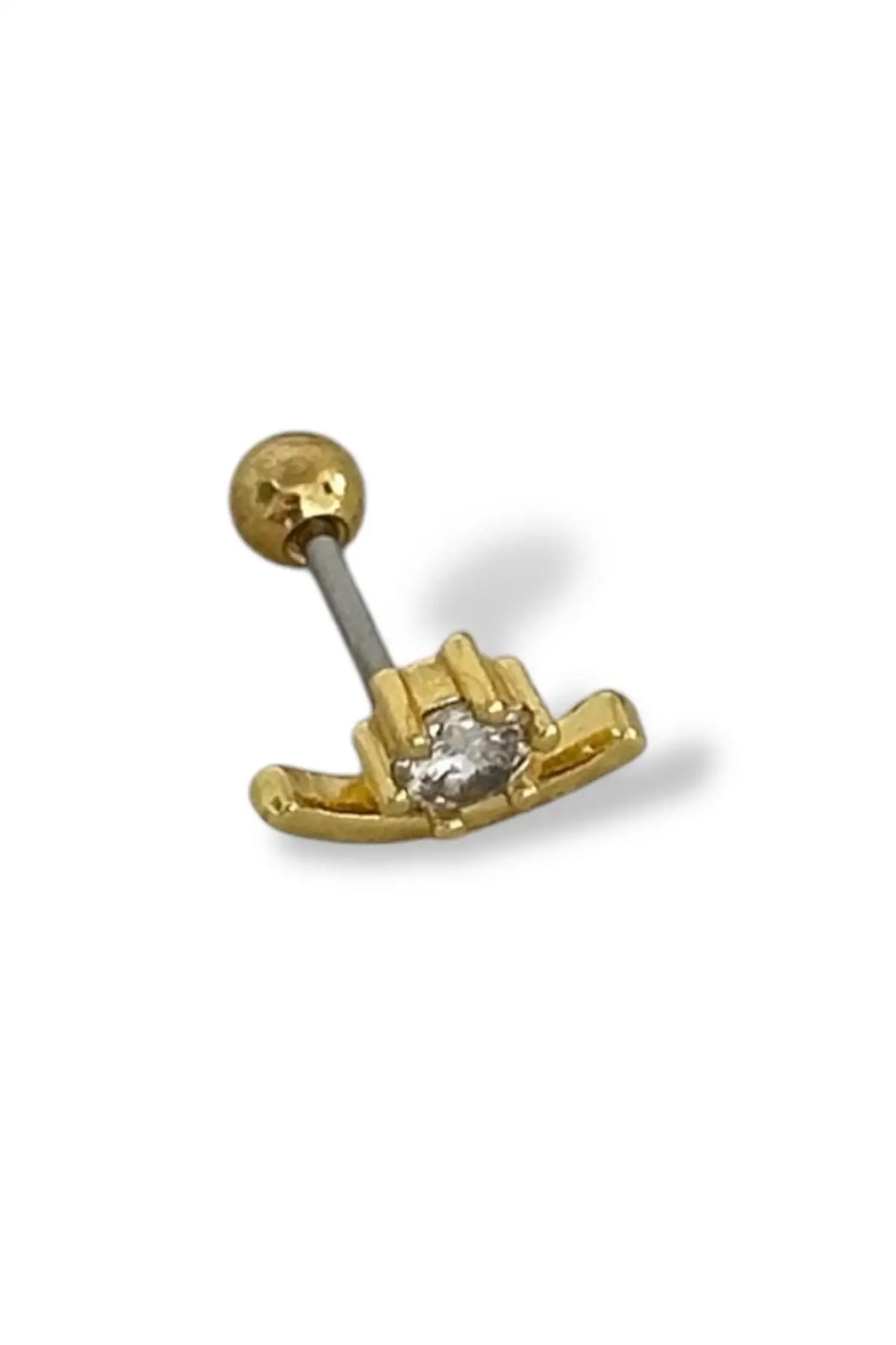 Altın Renk Taş Detaylı Çelik Tragus/Kıkırdak Küpe/Piercing (Tek)