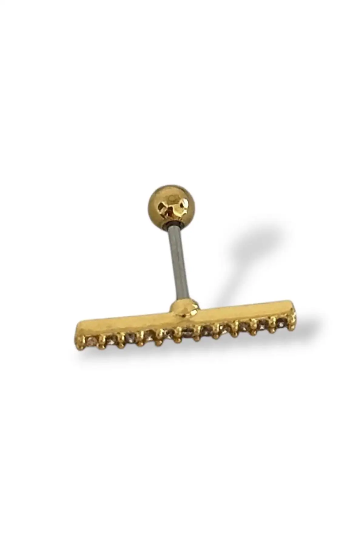 Altın Renk Taş Detaylı Çelik Tragus/Kıkırdak Küpe/Piercing (Tek)