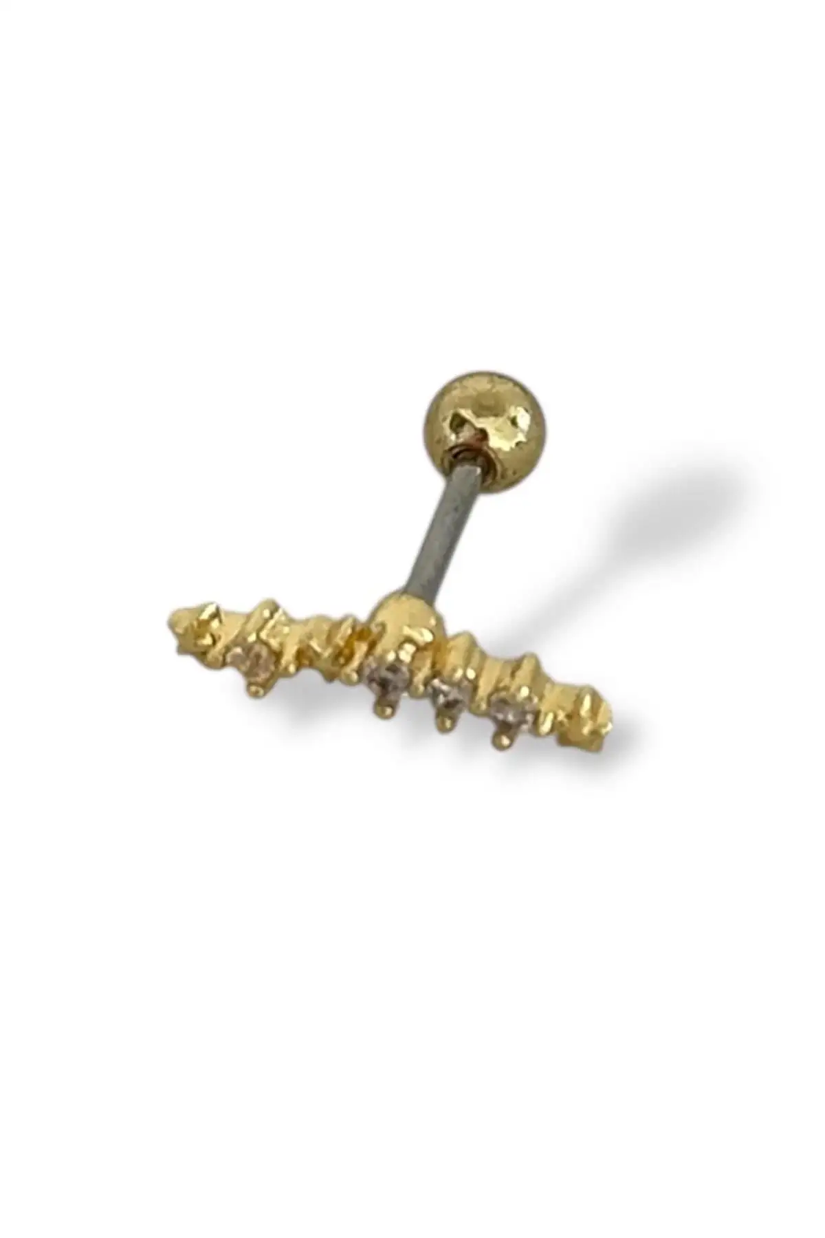 Altın Renk Taş Detaylı Çelik Tragus/Kıkırdak Küpe/Piercing (Tek)