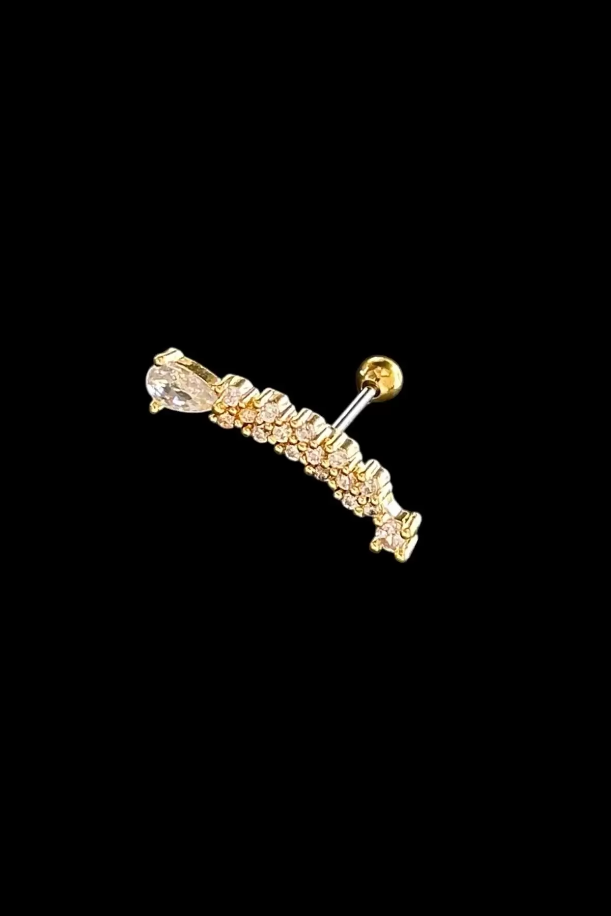 Altın Renk Taş Detaylı Çelik Tragus/Kıkırdak Küpe/Piercing (Tek)