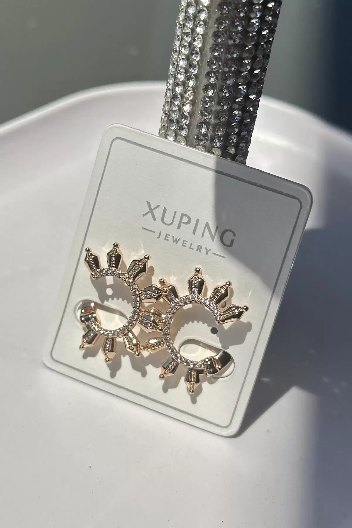 Altın Renk Taş Detaylı Çelik Xupıng Küpe (Çift)