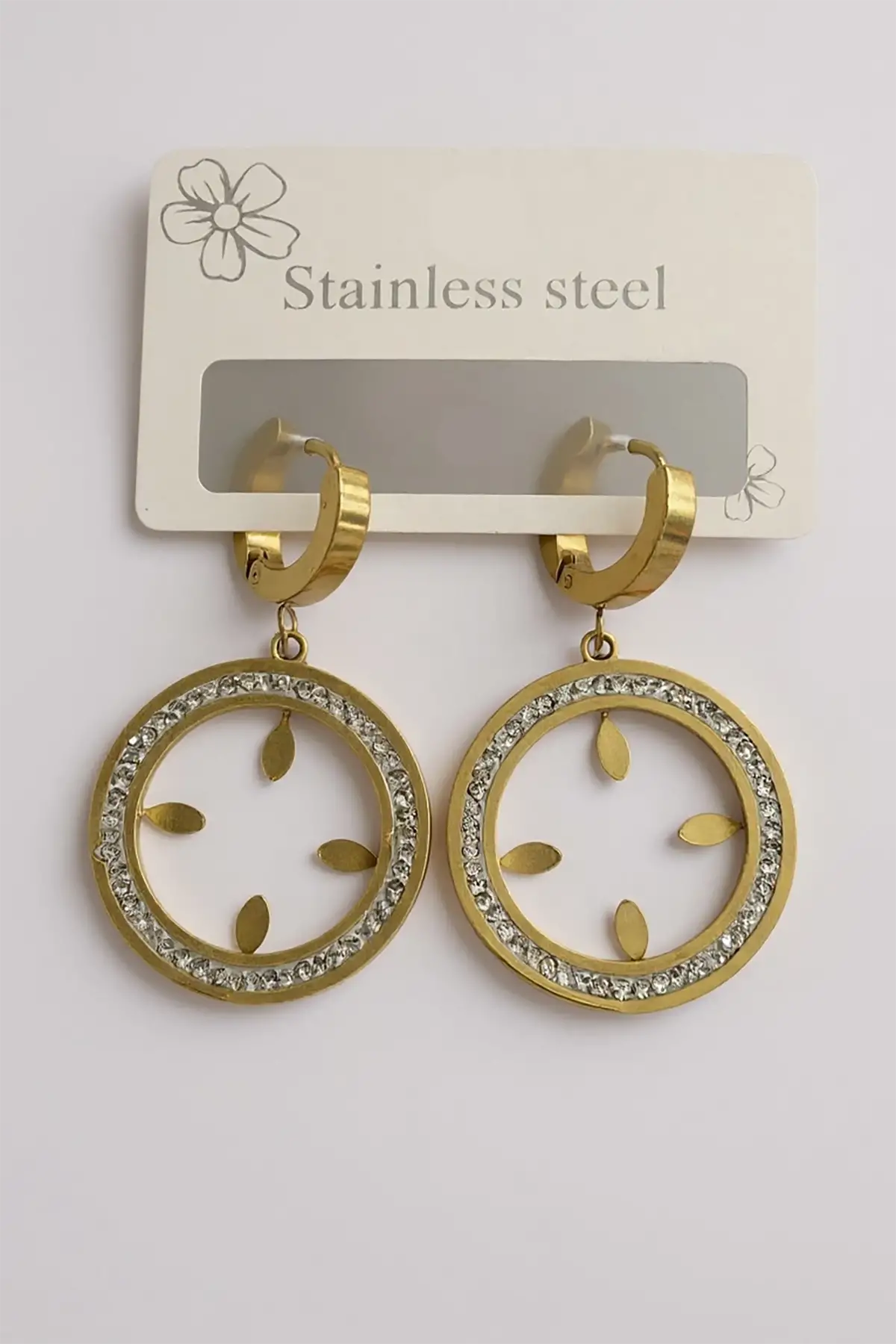 Altın Renk Taş Detaylı Çeyrek Koyulabilen Çelik Küpe (Çift)