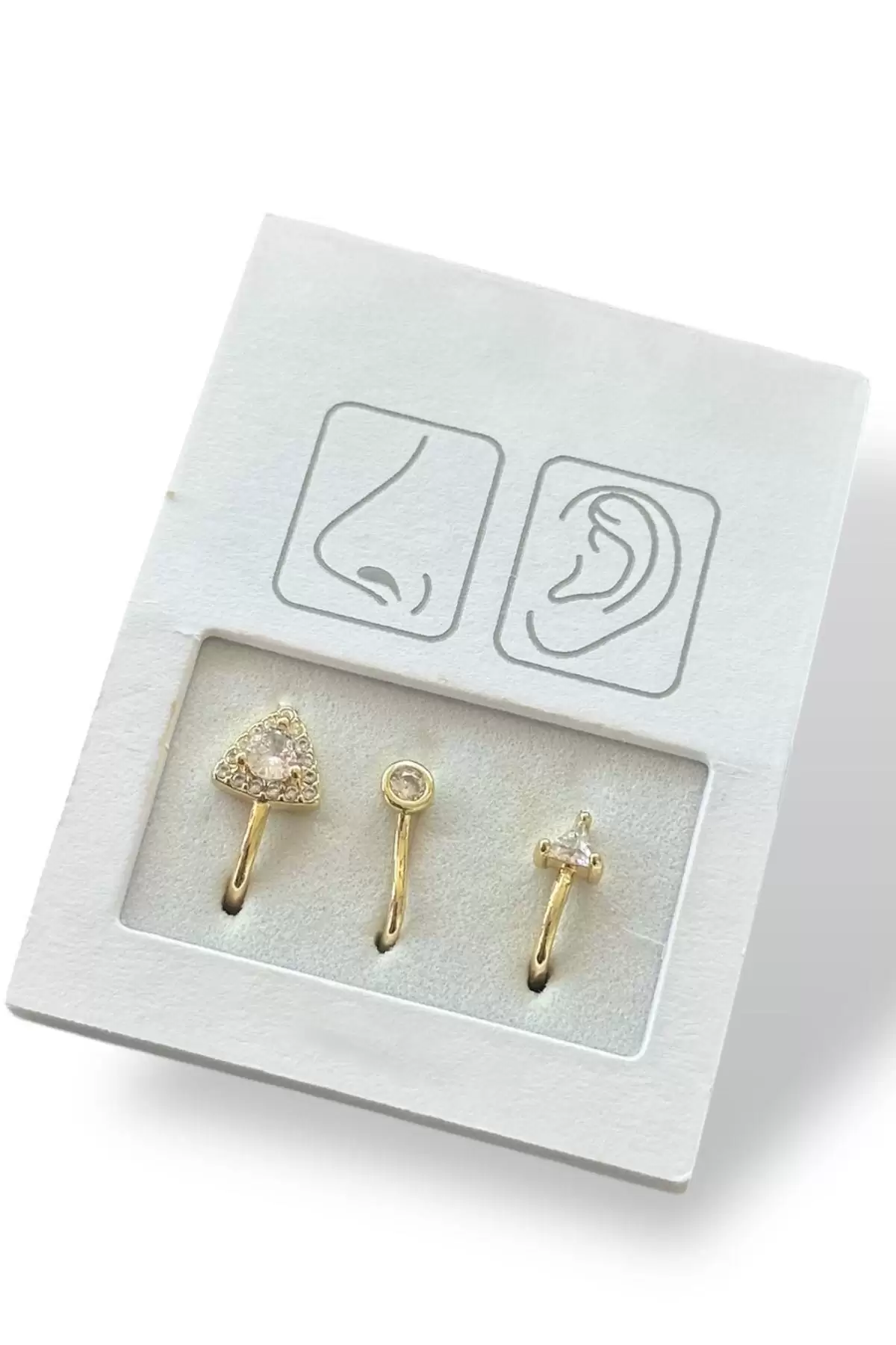 Altın Renk Taş Detaylı Deliksiz Kulak/ Burun 3lü Piercing Set
