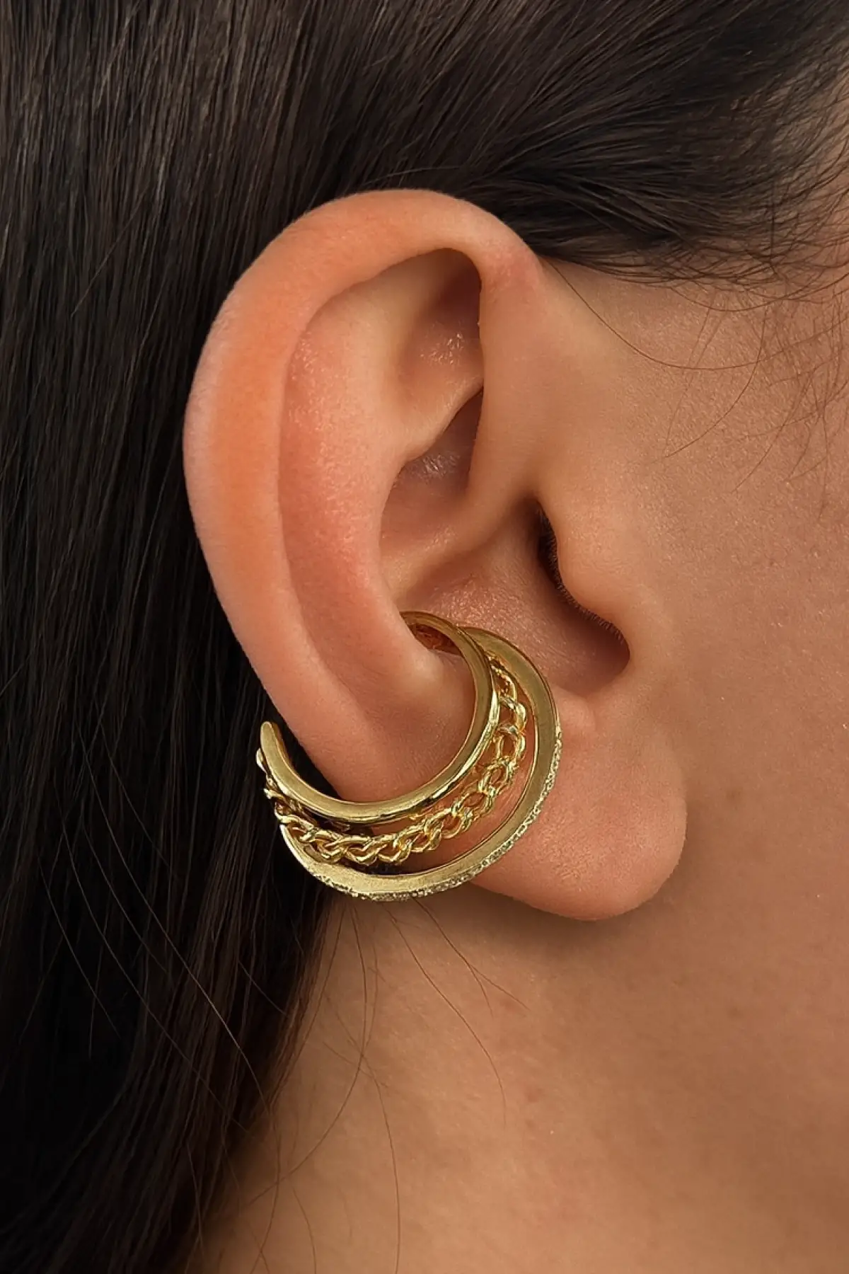 Altın Renk Taş Detaylı Ear Cuff (Tek)
