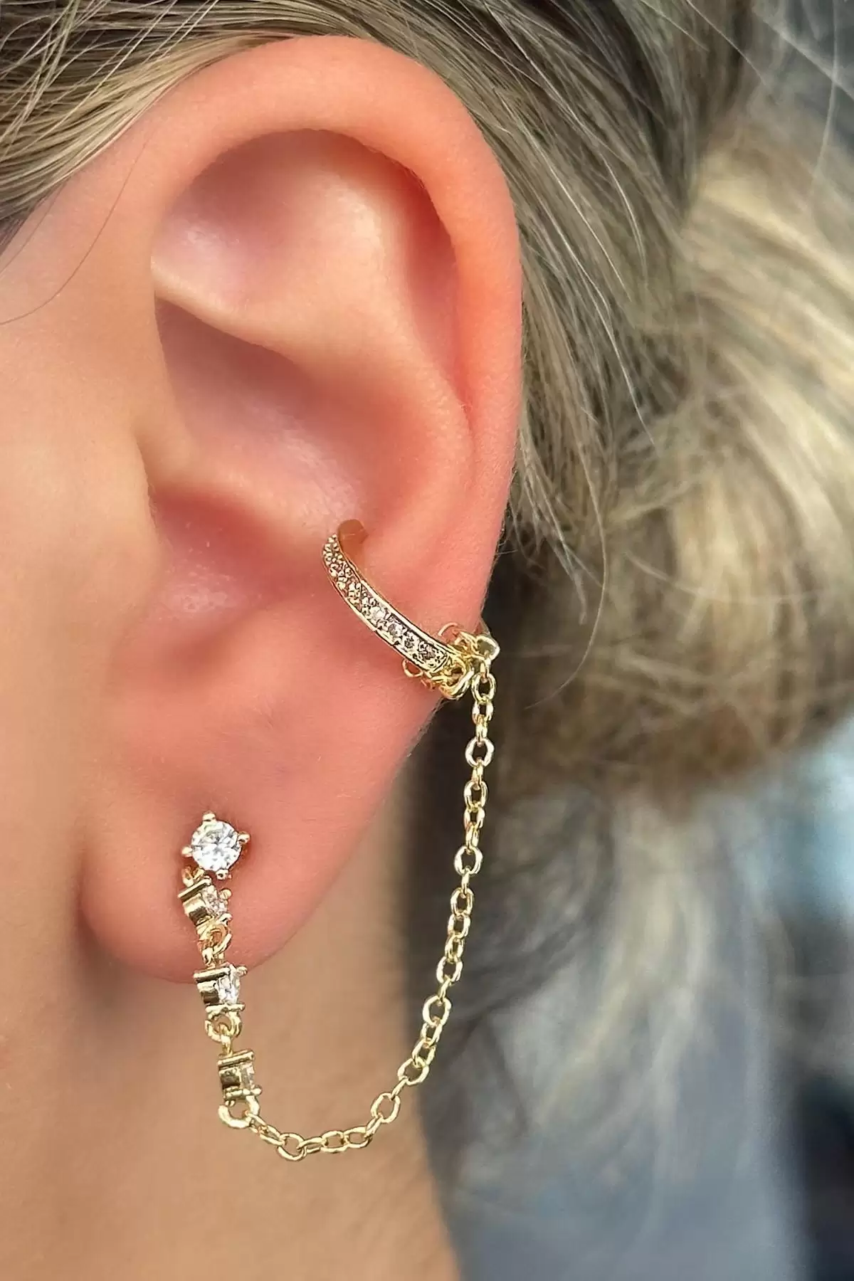 Altın Renk Taş Detaylı İkili Ear Cuff Küpe Set