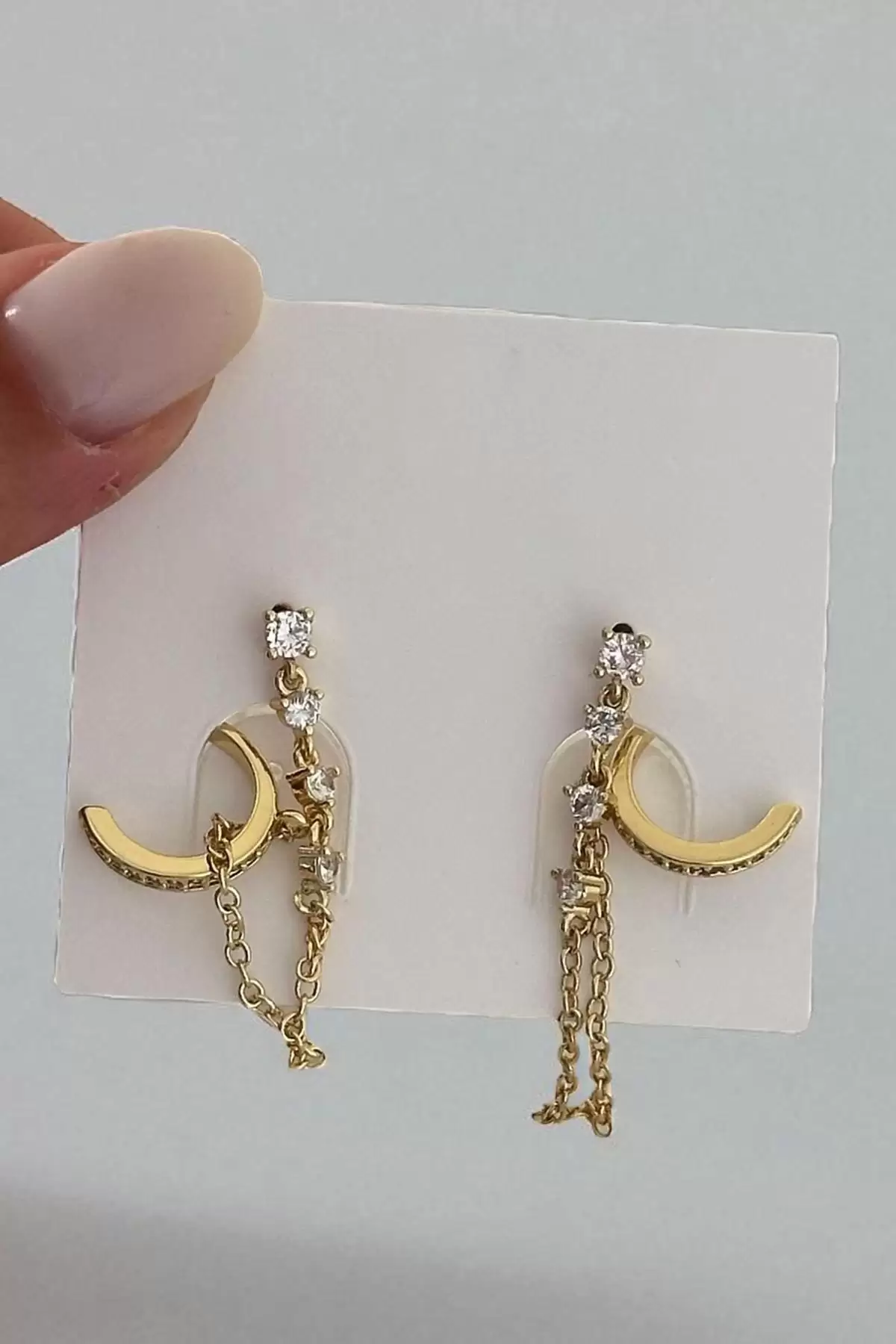 Altın Renk Taş Detaylı İkili Ear Cuff Küpe Set