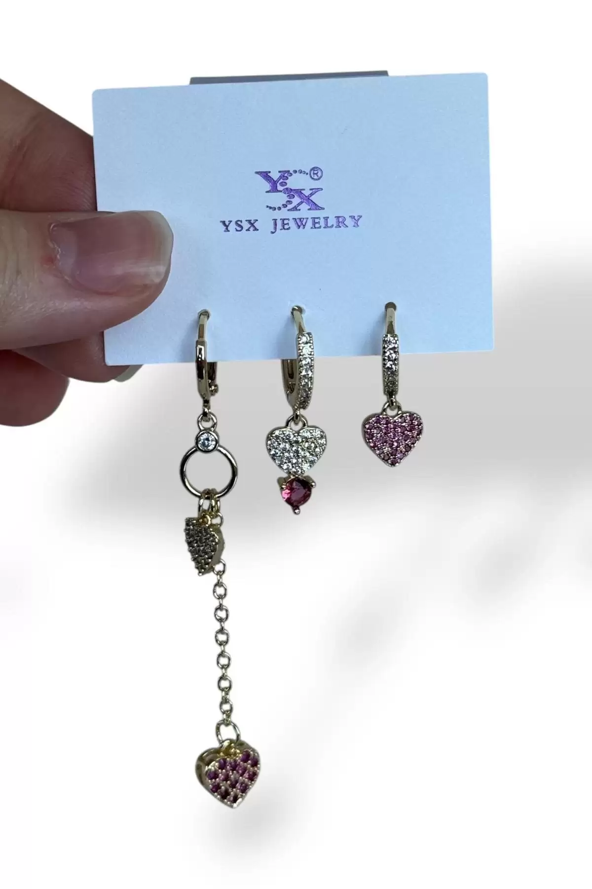 Altın Renk Taş Detaylı Kalp Figürlü Taş Detaylı 6lı YSX Küpe Set