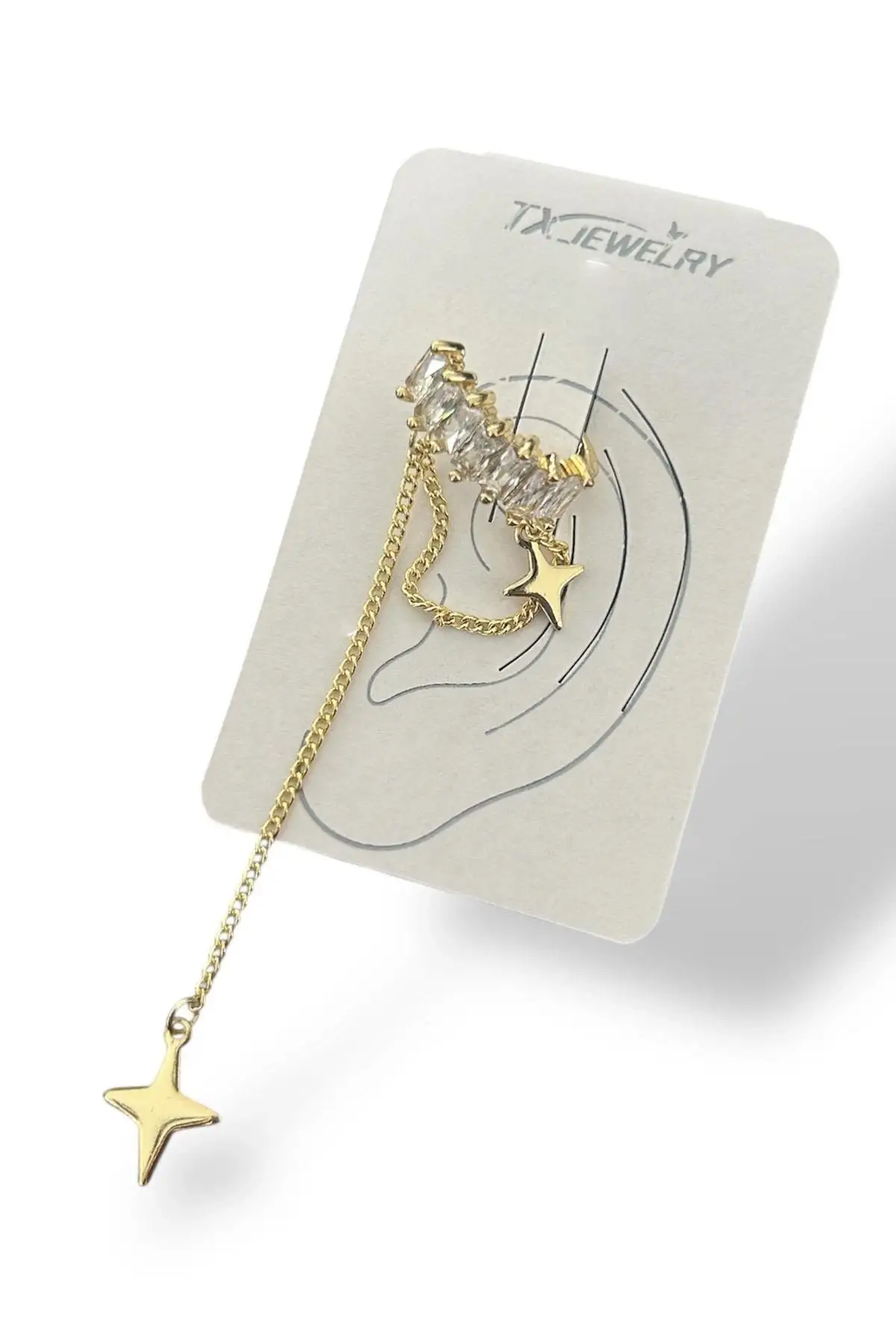 Altın Renk Taş Detaylı Sallantılı 14K Altın Kaplama TX Ear Cuff (Tek)