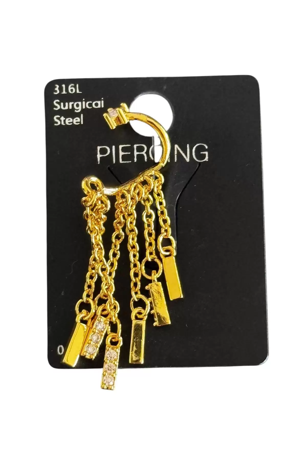 Altın Renk Taş Detaylı Sallantılı Cerrahi Çelik Piercing Kulak Aksesuarı (Tek)