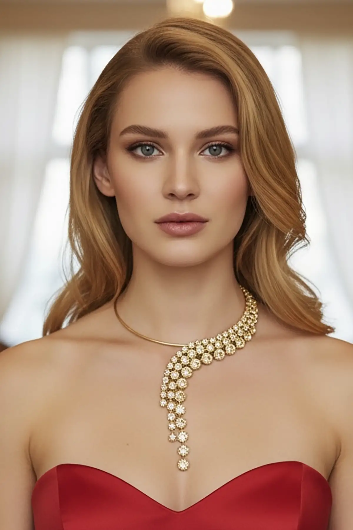 Altın Renk Taş Detaylı Tasarım Abiye Kolye