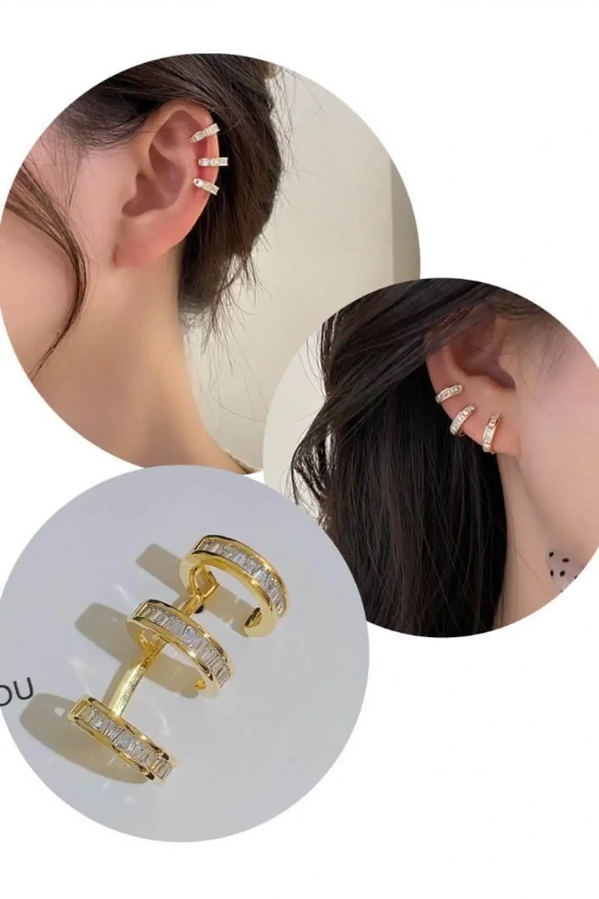 Altın Renk Taş Detaylı Üçlü Görünümlü Ear Cuff (Tek)