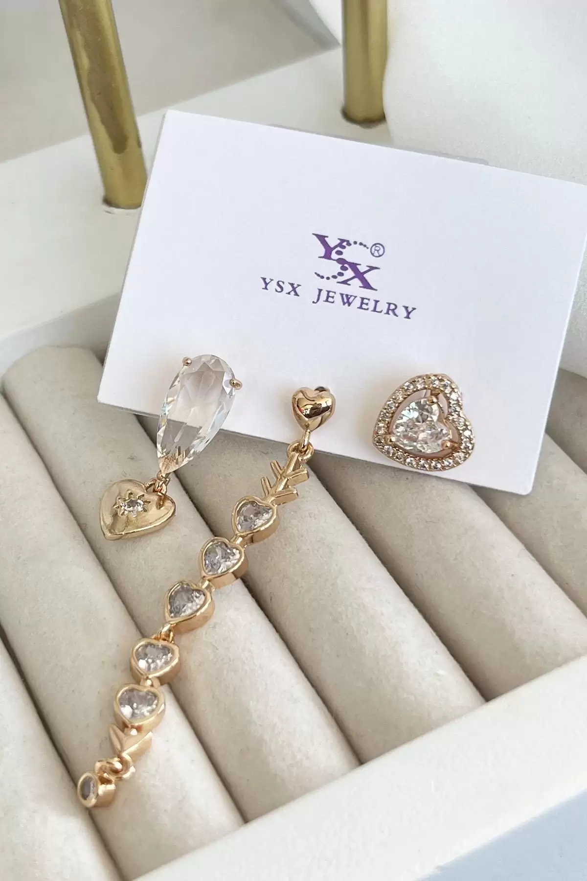 Altın Renk Taş Detaylı VİP 3lü YSX Küpe Set