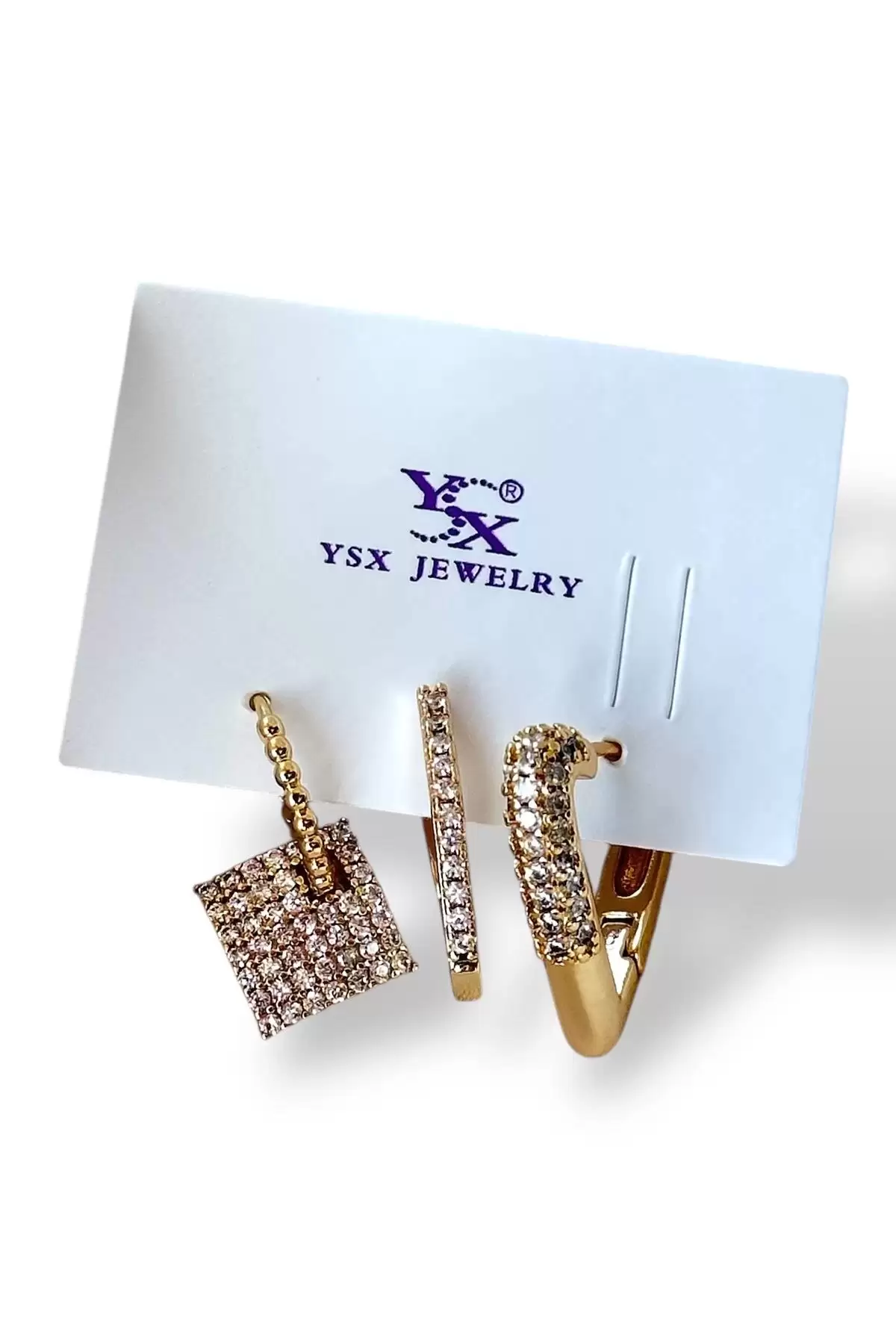 Altın Renk Taş Detaylı VİP 3lü YSX Küpe Set