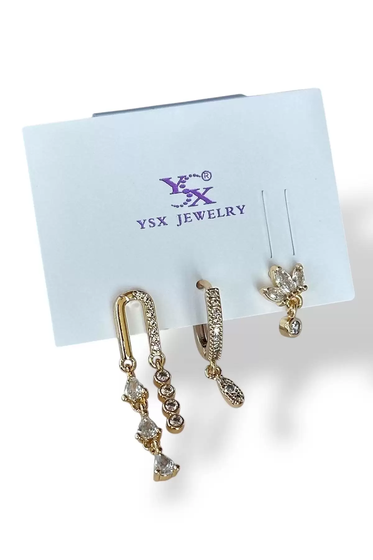 Altın Renk Taş Detaylı VİP 3lü YSX Küpe Set