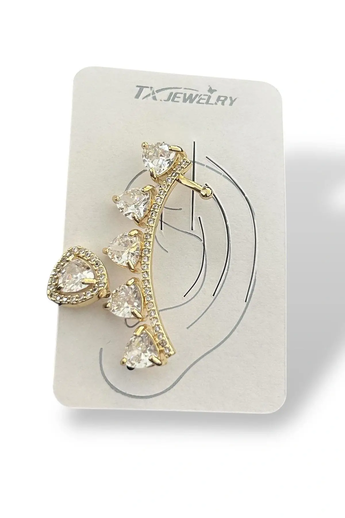 Altın Renk Taş Detaylı14K Altın Kaplama TX Ear Cuff Ve Küpe Set(Tek)