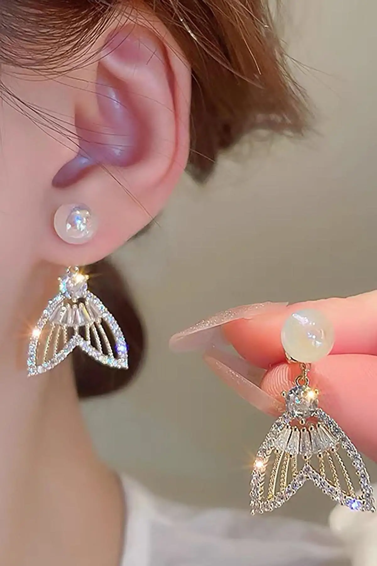 Altın Renk Taş Ve İnci Detaylı 14K Altın Kaplama Küpe (Çift)