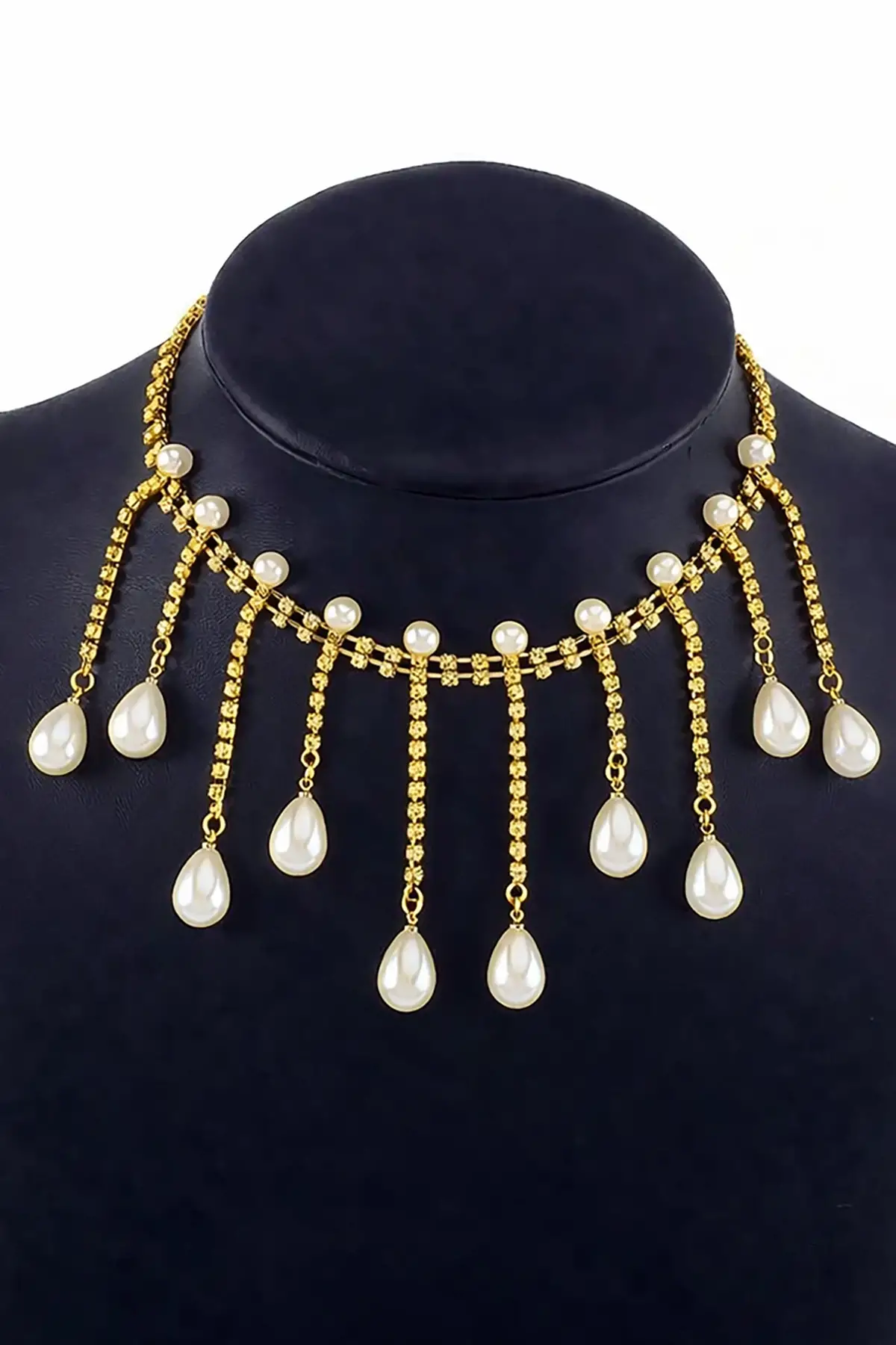 Altın Renk Taş Ve İnci Detaylı Tasarım Abiye Kolye