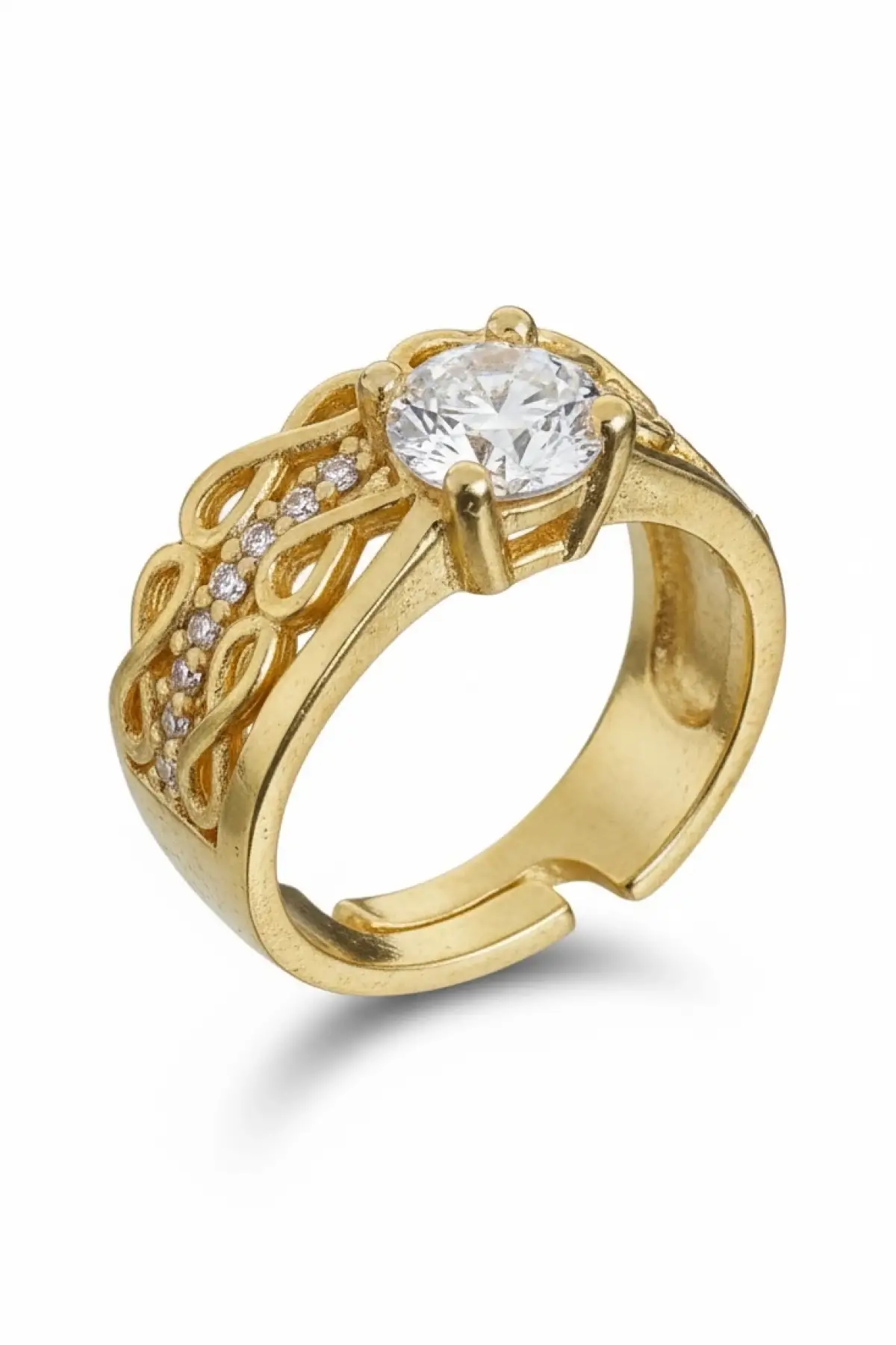 Altın Renk Tek Taş Detaylı Ayarlanabilir Yüzük