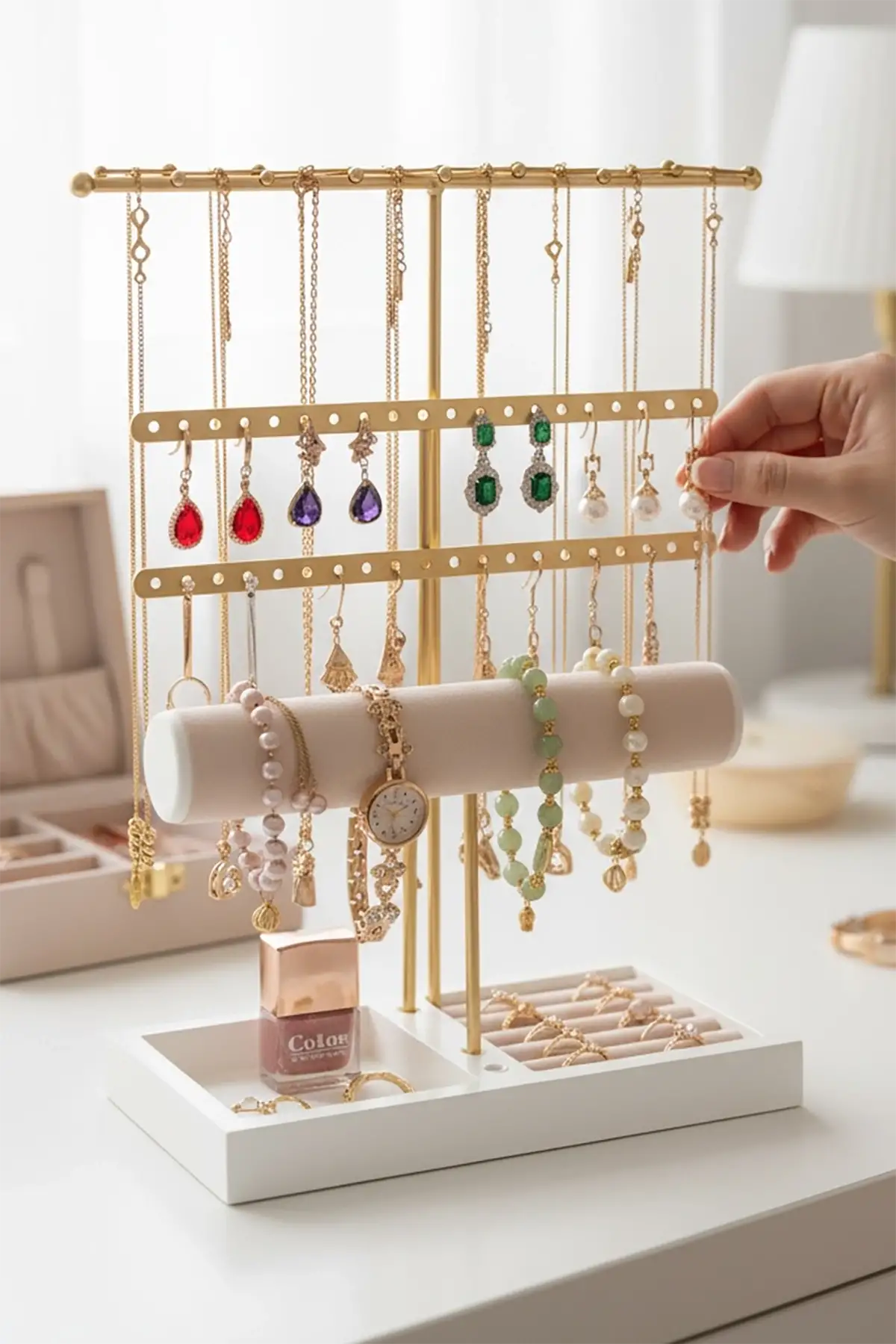 Altın Renk Üç Katlı Saat/Bileklik Takı Standı