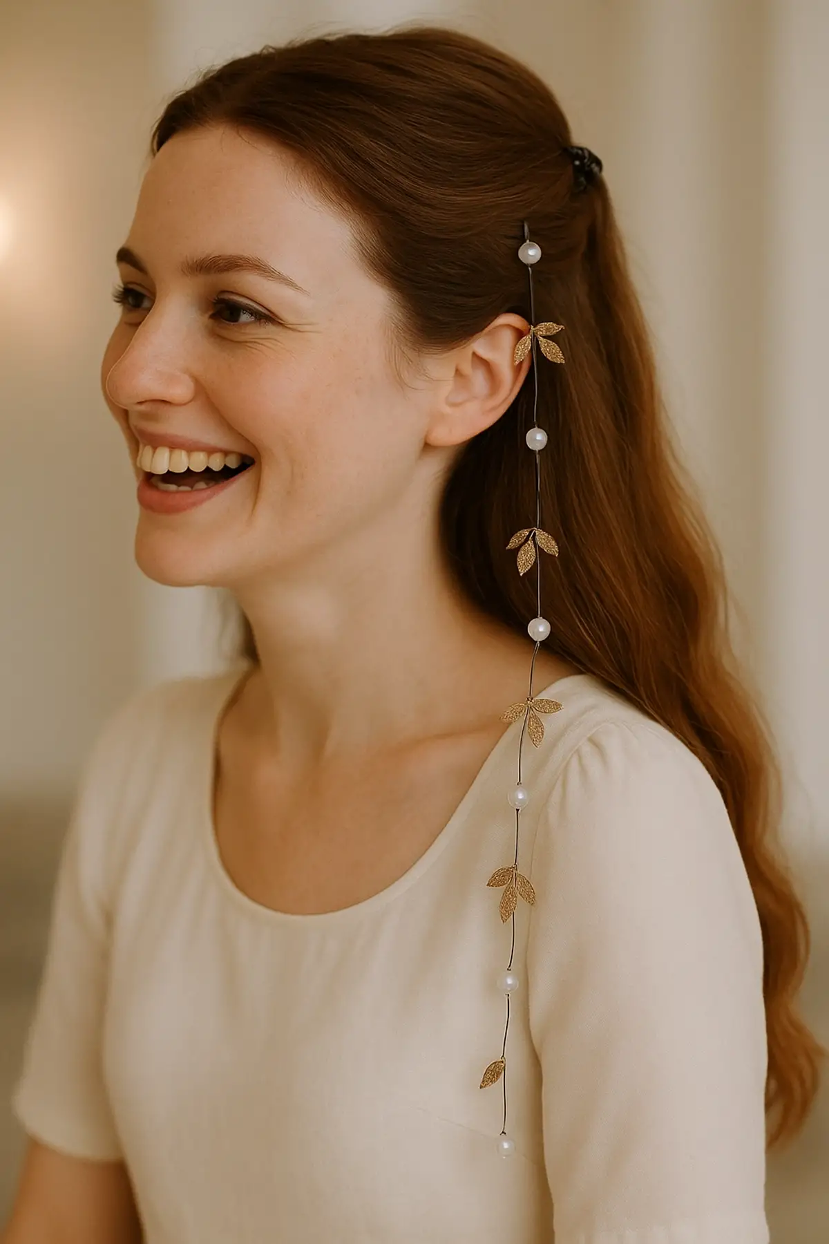 Altın Renk Yaprak Ve İnci Detaylı Çıtçıtlı Saç Aksesuarı