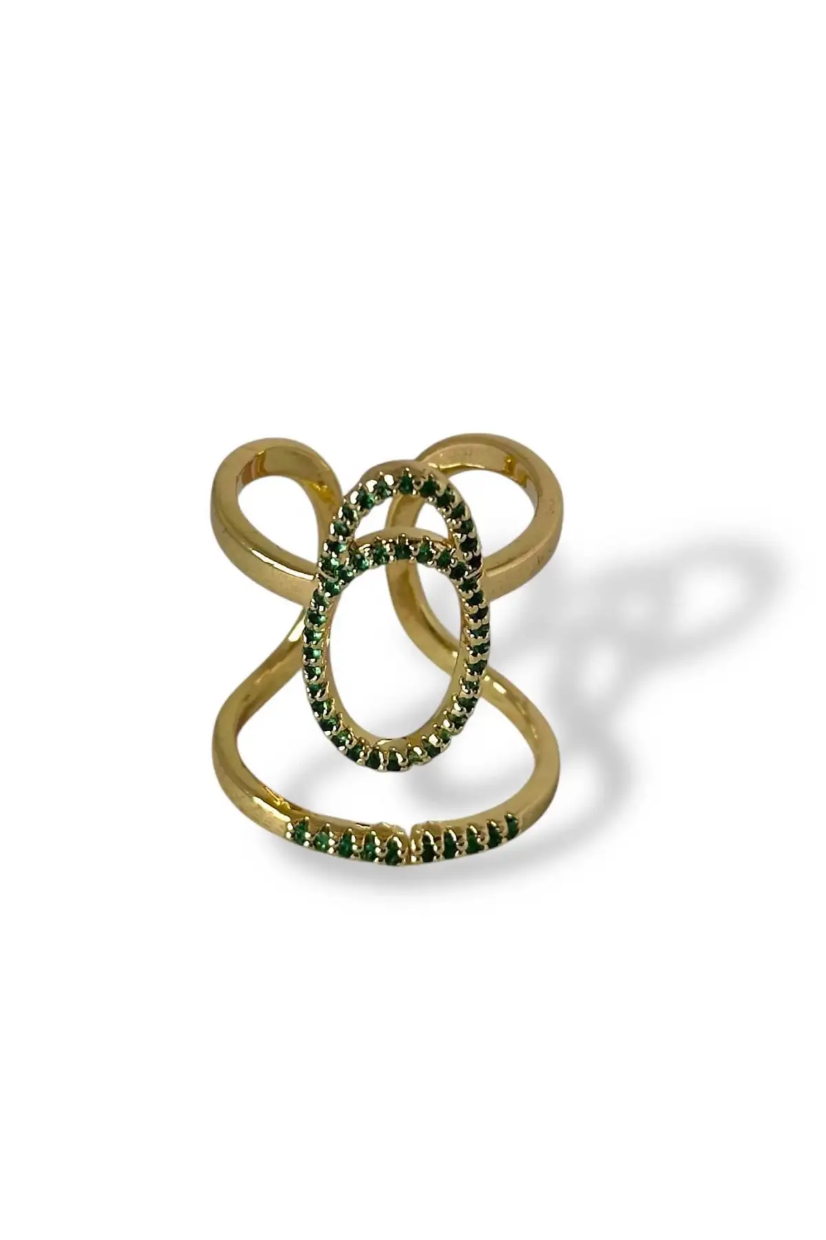 Altın Renk Yeşil Taş Detaylı Ayarlanabilir Çelik Yüzük