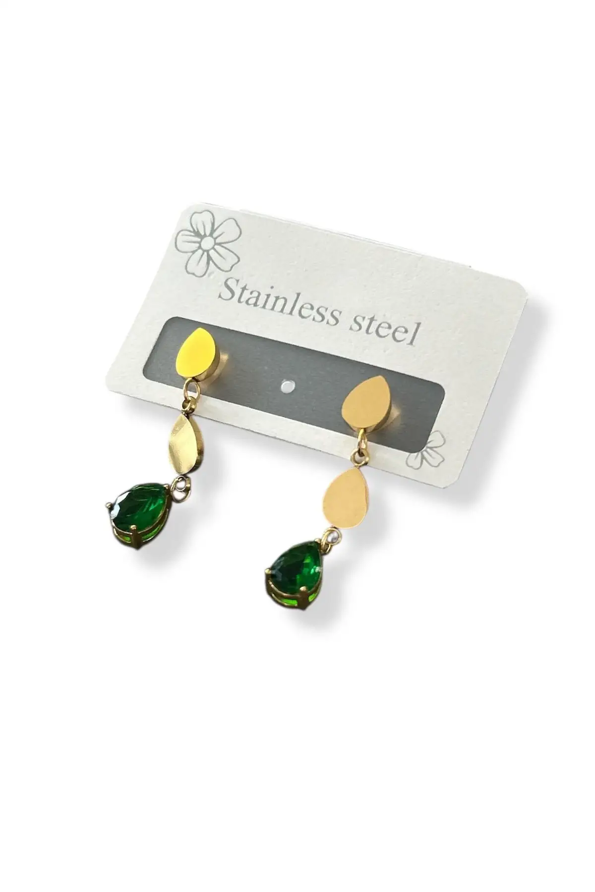 Altın Renk Yeşil Taş Detaylı Çelik Küpe (Çift)